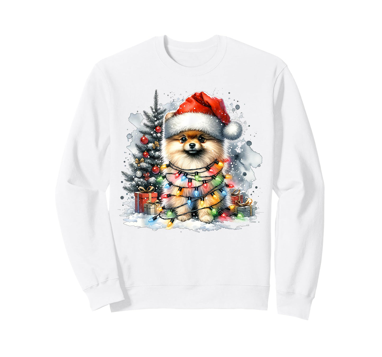 Funny Cute Santa Pomeranian Dog Tangled In Christmas Lights T-Shirt