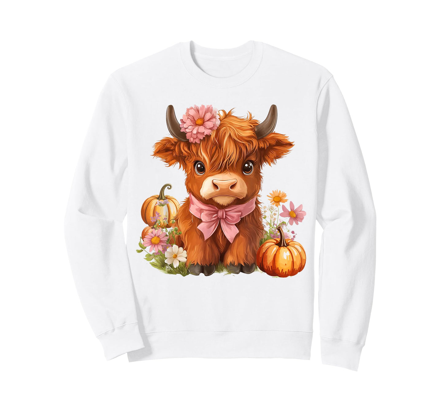 Highland Cow Pumpkin Pink Bow Ribbon Floral Autumn Fall Love T-Shirt