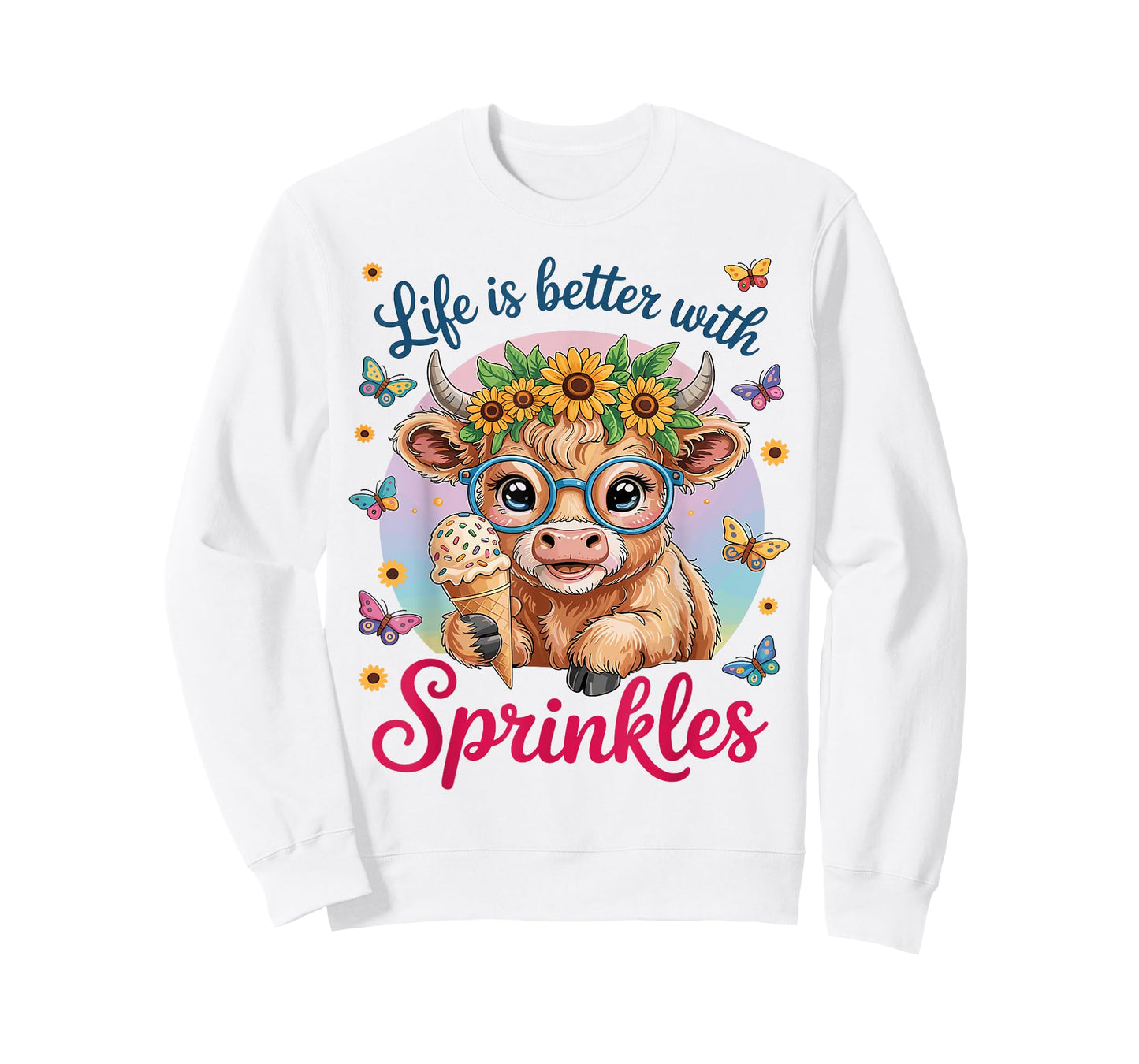 Life is Better with Sprinkles Ice Cream Cute Highland Cow T-Shirt