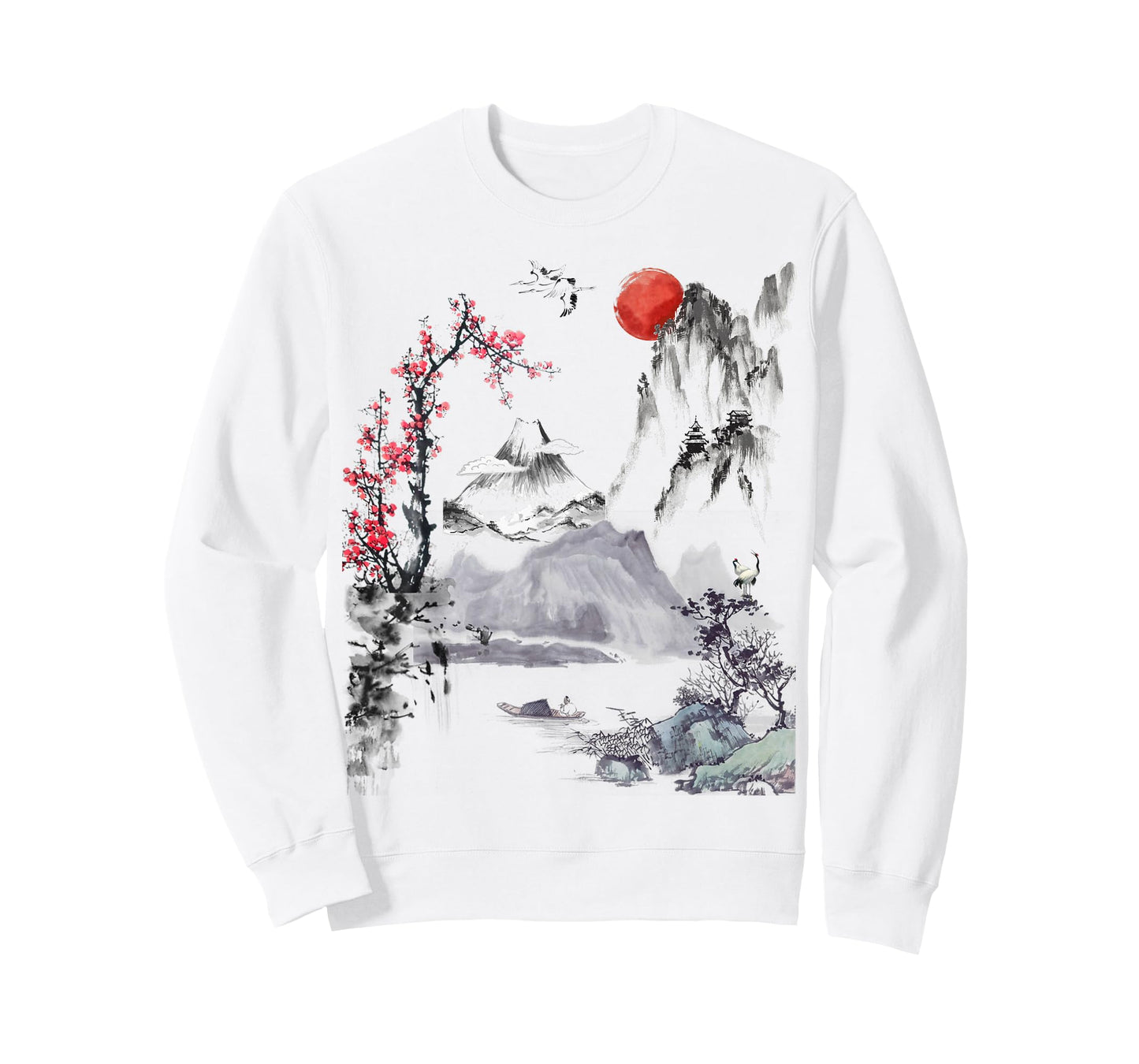 Japanese Art Tree Red Moon with Birds Flying in Background T-Shirt