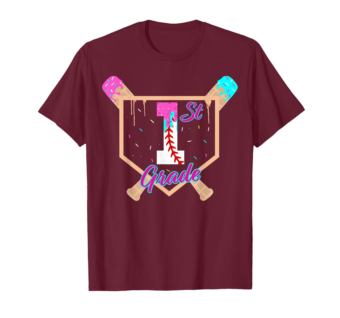 1st Grade Back to School Baseball Ice Cream Drip Home Plate T-Shirt