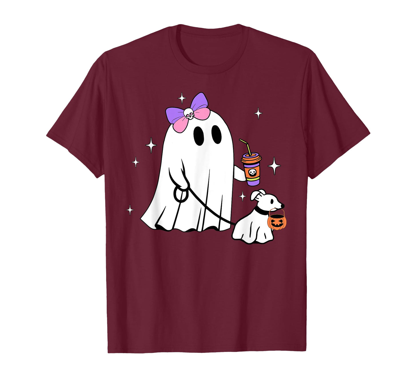 Halloween Cute Ghost Walking Dog Spooky Coquette Ghost Women T-Shirt