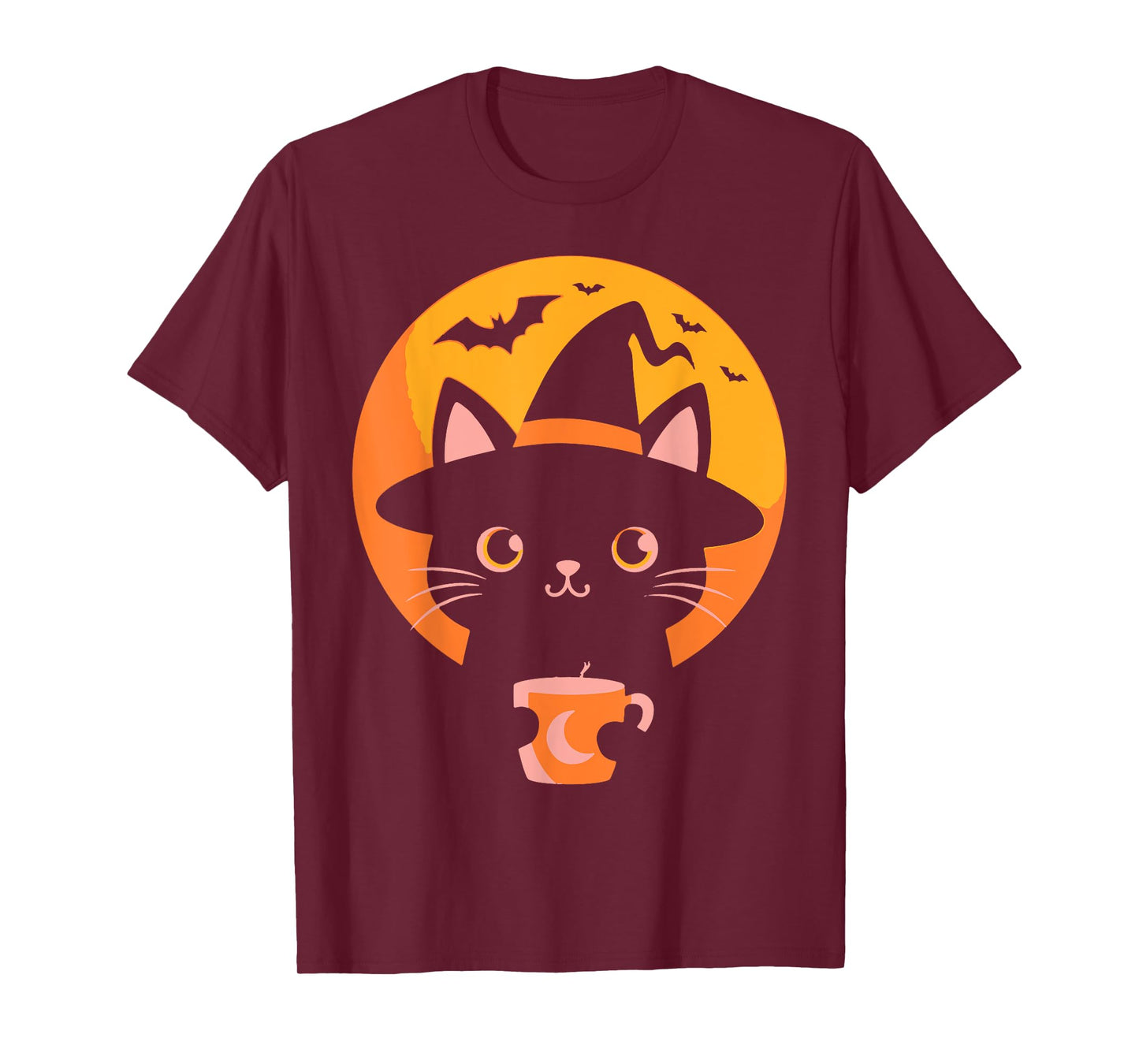Witch Cat with Halloween Coffee Mug and Flying Bats T-Shirt