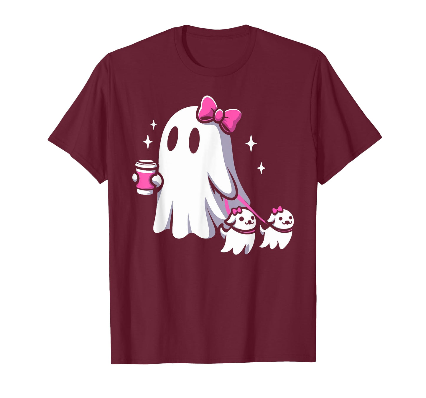 Halloween Cute Ghost Walking Dog Spooky Pink Coquette Ghost Men Women Girls Kids T-Shirt