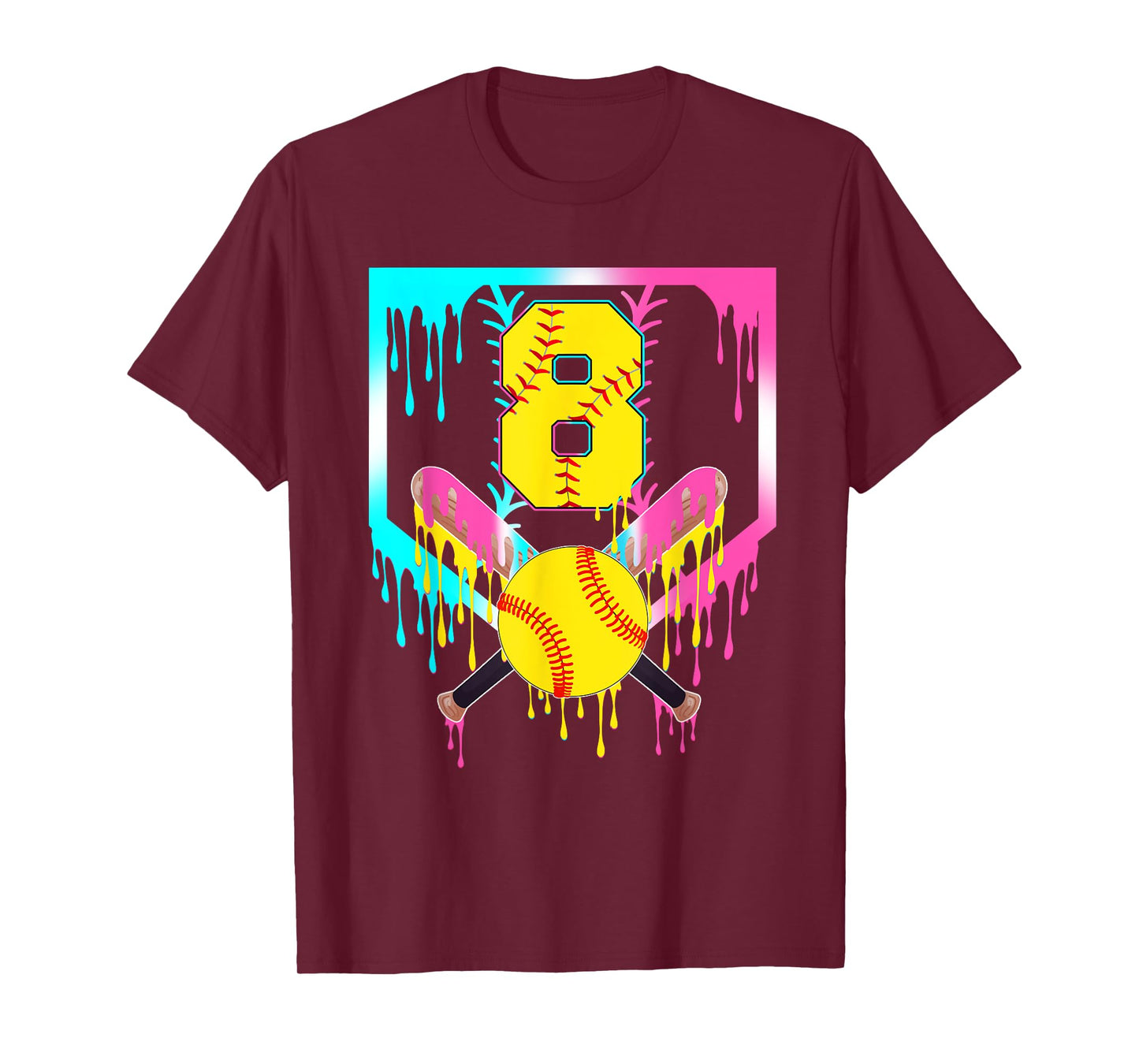 8th Bday Softball Home Plate Drip Ice Cream 8 Year Old T-Shirt