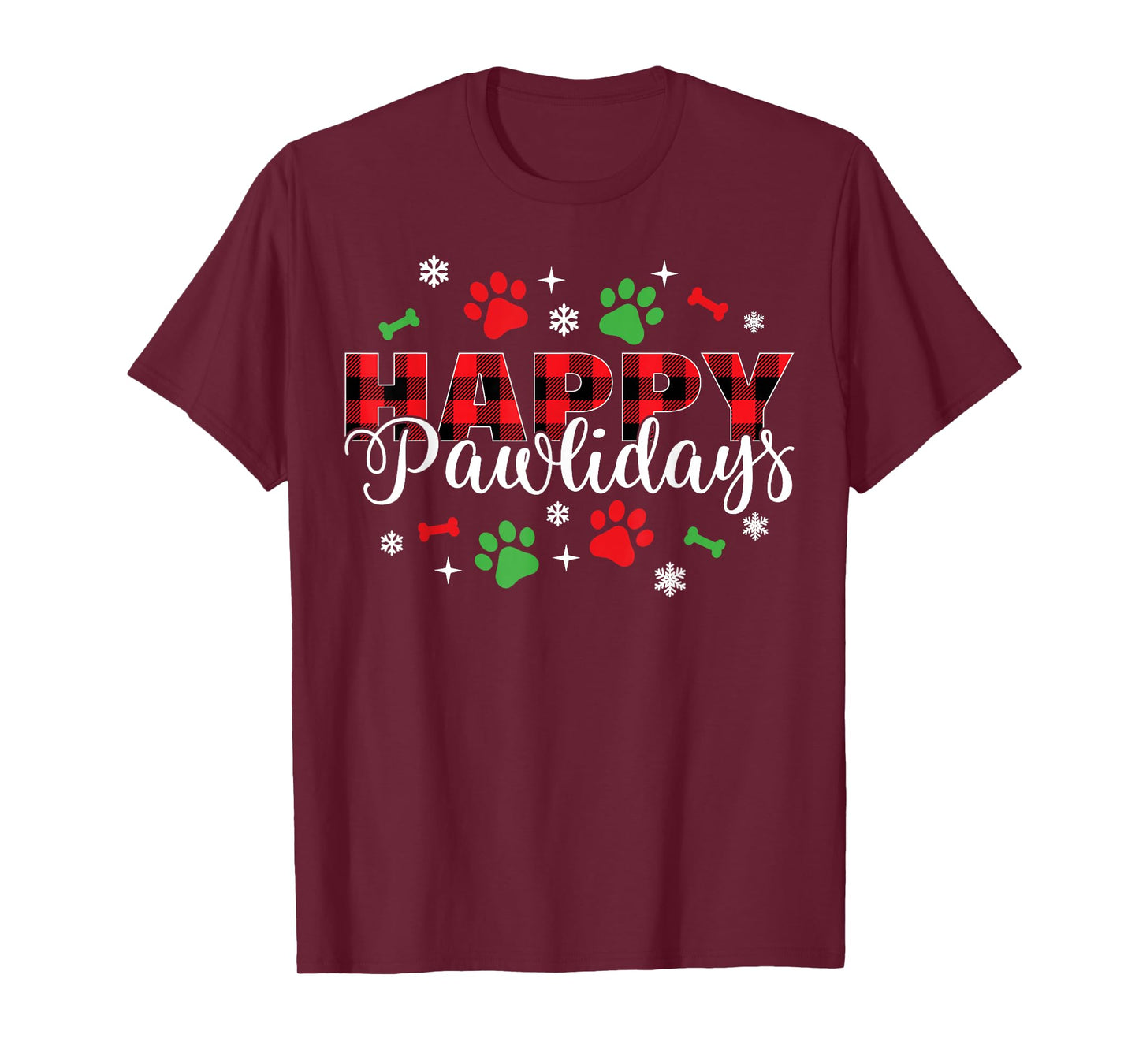 Happy Pawlidays Buffalo Plaid Dog Paws Christmas Holiday T-Shirt