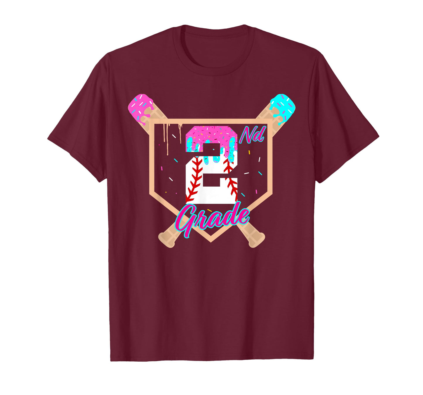 2nd Grade Back to School Baseball Ice Cream Drip Home Plate T-Shirt