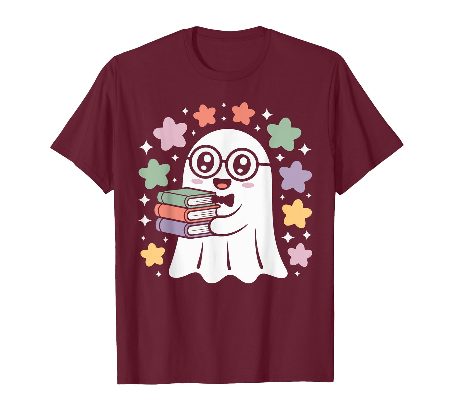 Kawaii Ghost with cute Eyes and Books Halloween Art T-Shirt