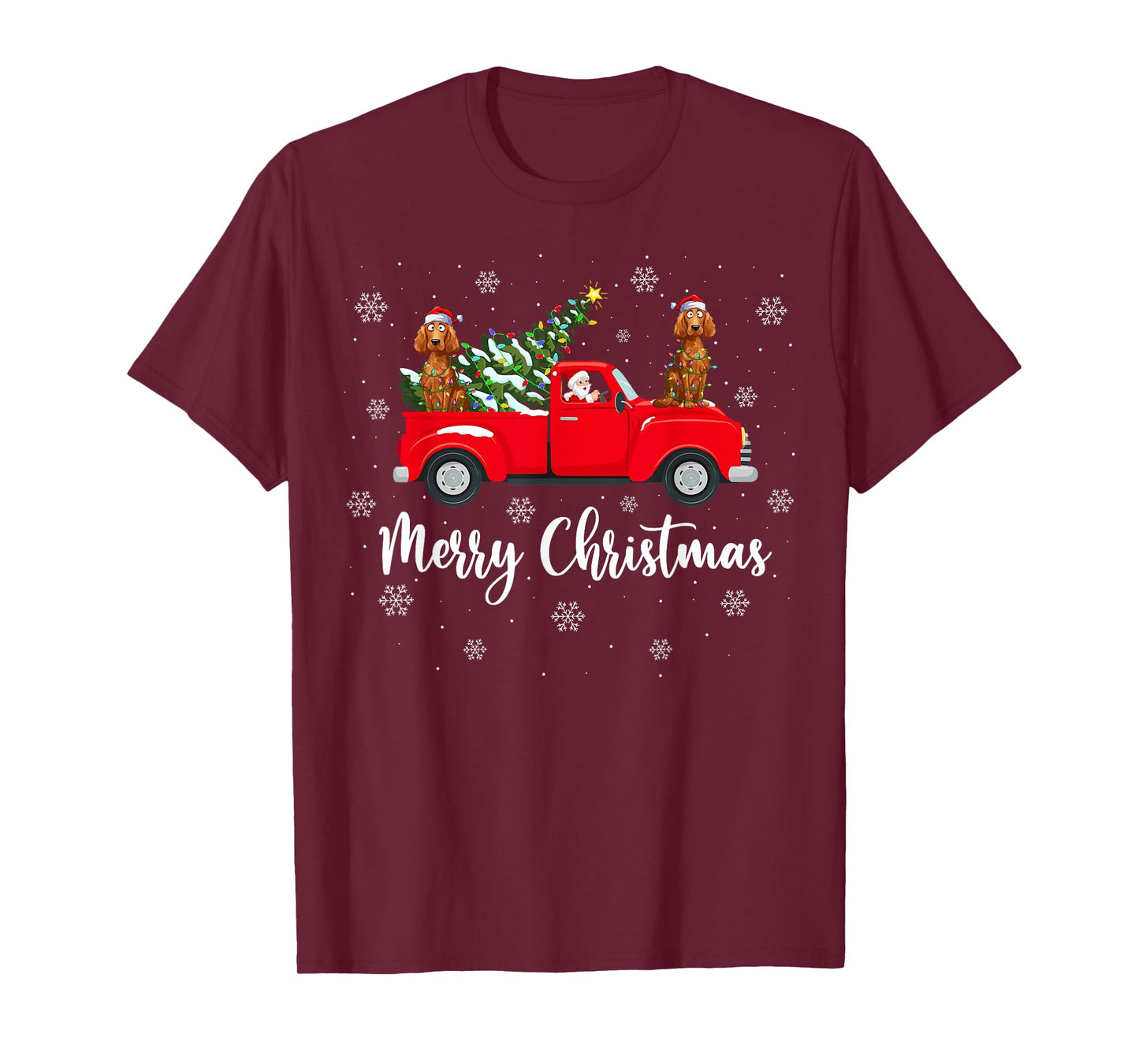 Santa Claus Riding Red Truck Irish Setter Dog Christmas T-Shirt