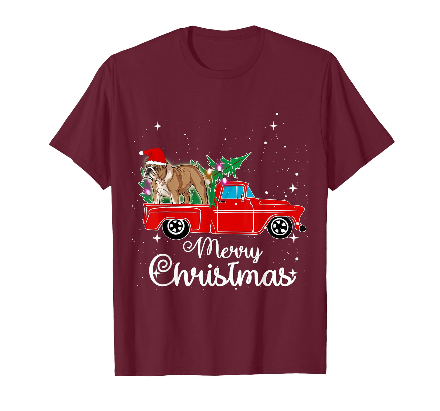 English Bulldog Dog Red Truck Christmas Tree Lights Xmas T-Shirt