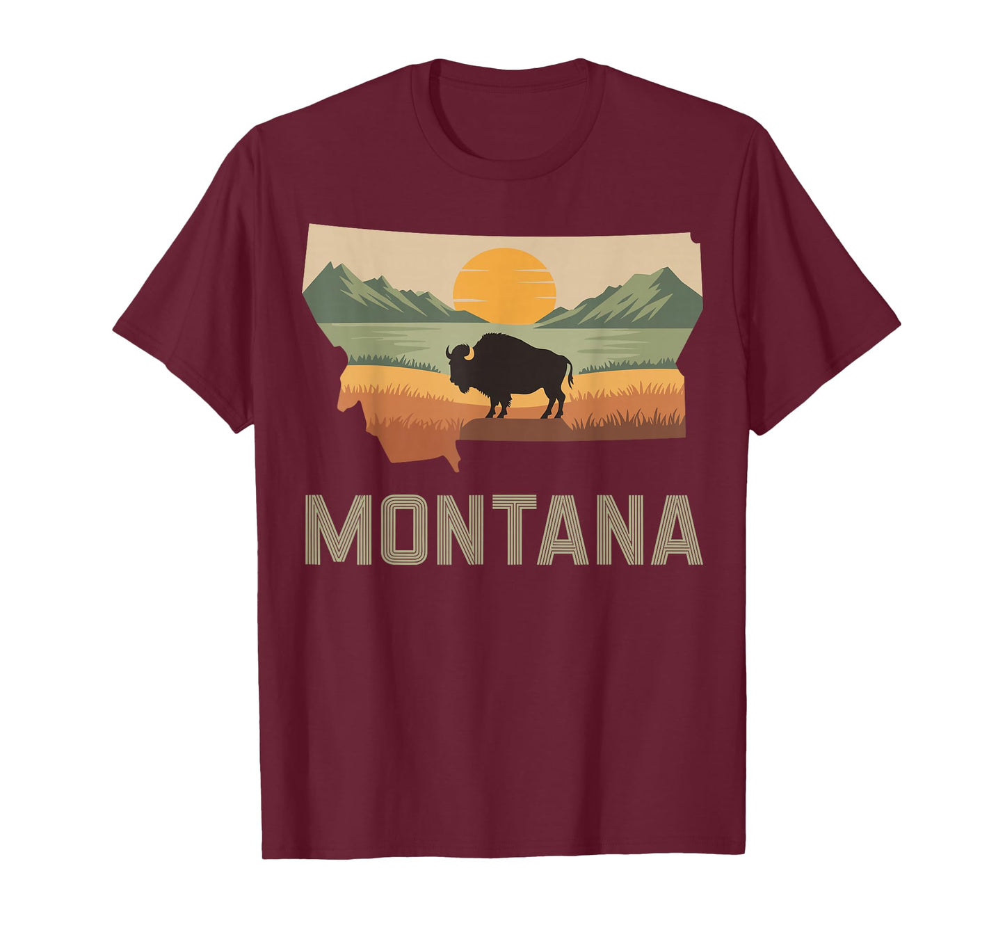 Montana Bison Sunset Mountains Retro Western T-Shirt
