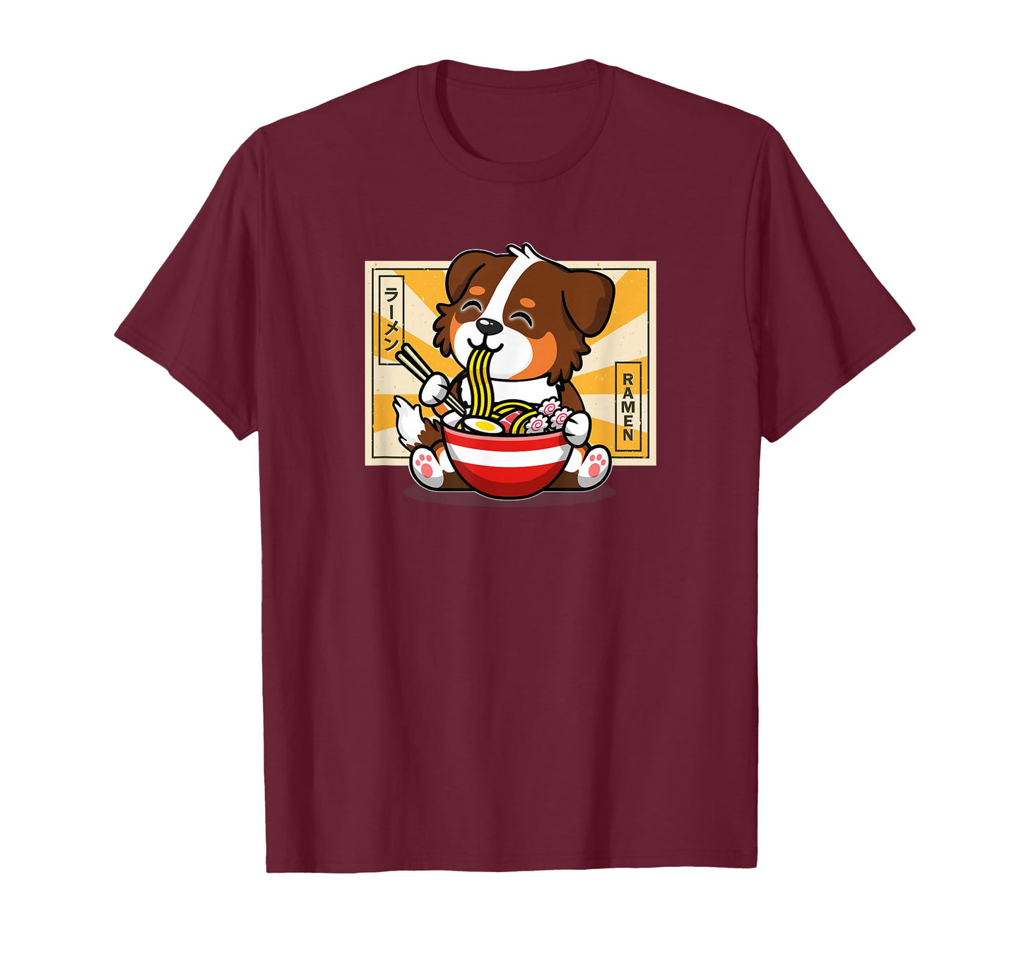 Funny Kawaii Kids Ramen Eating Red Australian Shepherd Lover T-Shirt