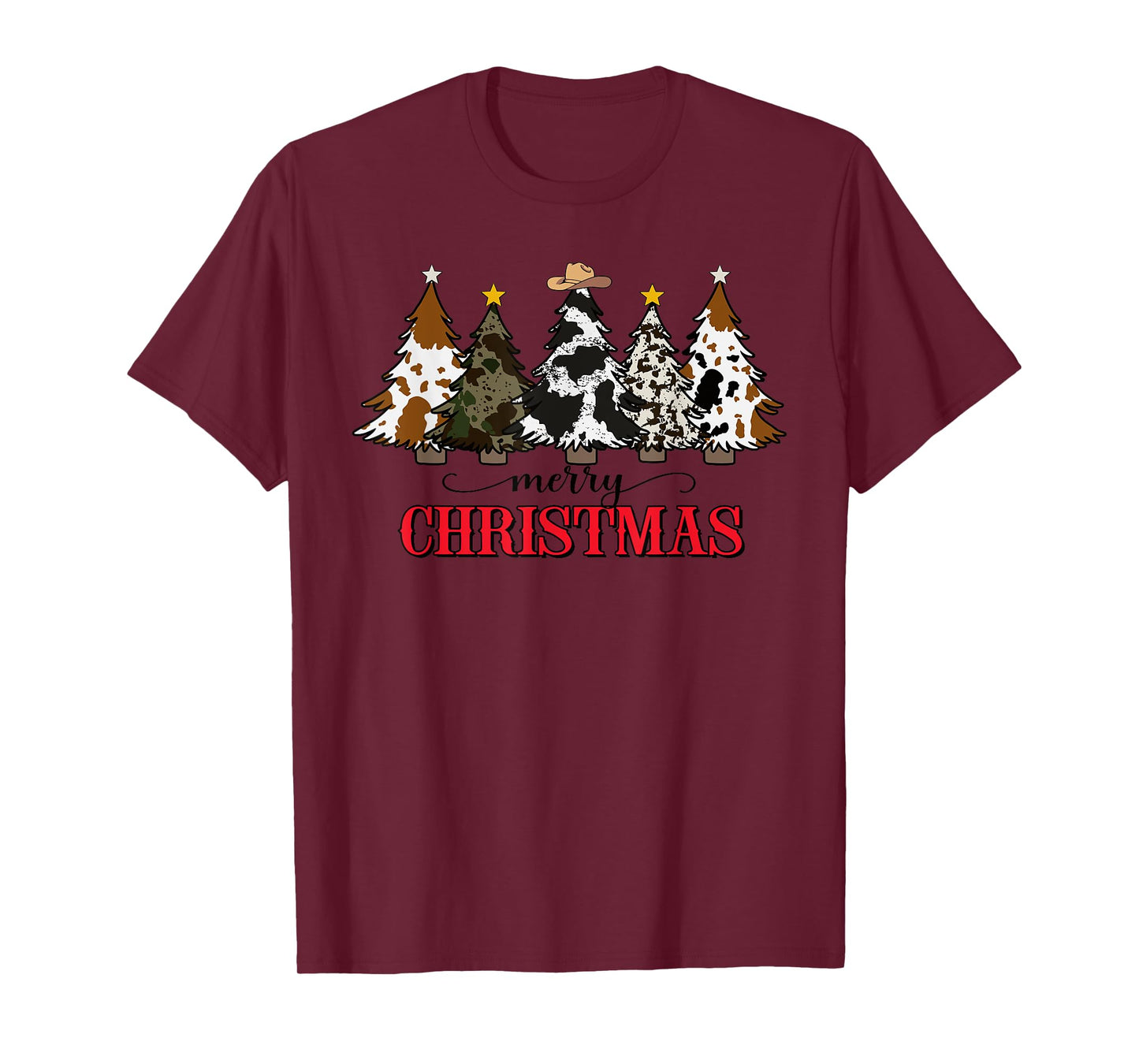 Merry Christmas Tree Western Cowhide Xmas Cowboy Farm Lover T-Shirt