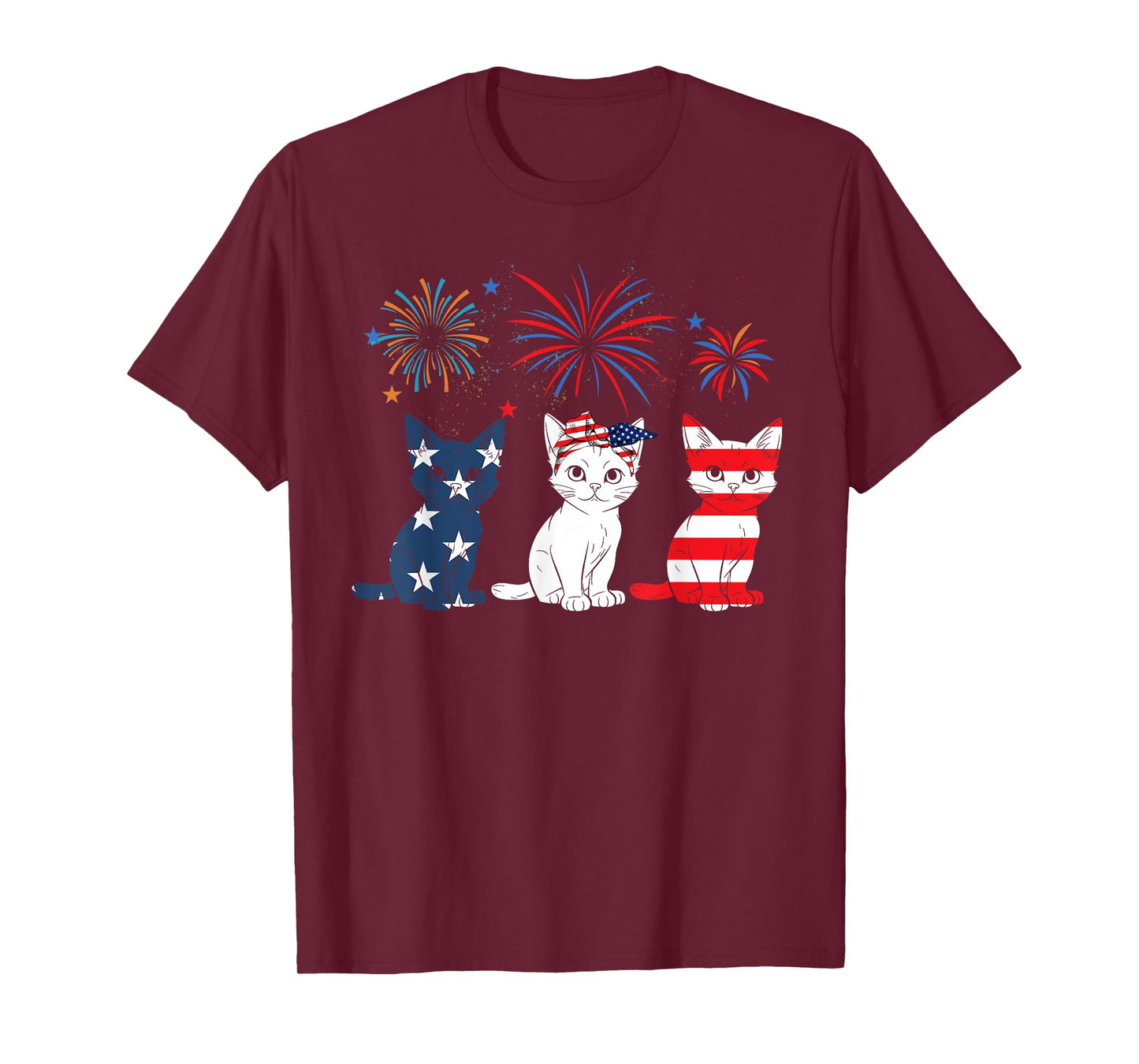 Red White Blue Cat USA Flag Firework 4th Of July T-Shirt