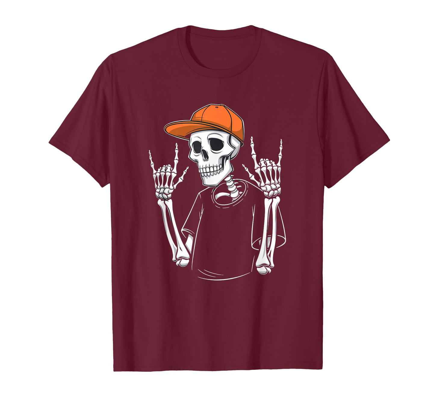 Cool Skeleton Rocking Orange Hat Funny Halloween Skull Art T-Shirt