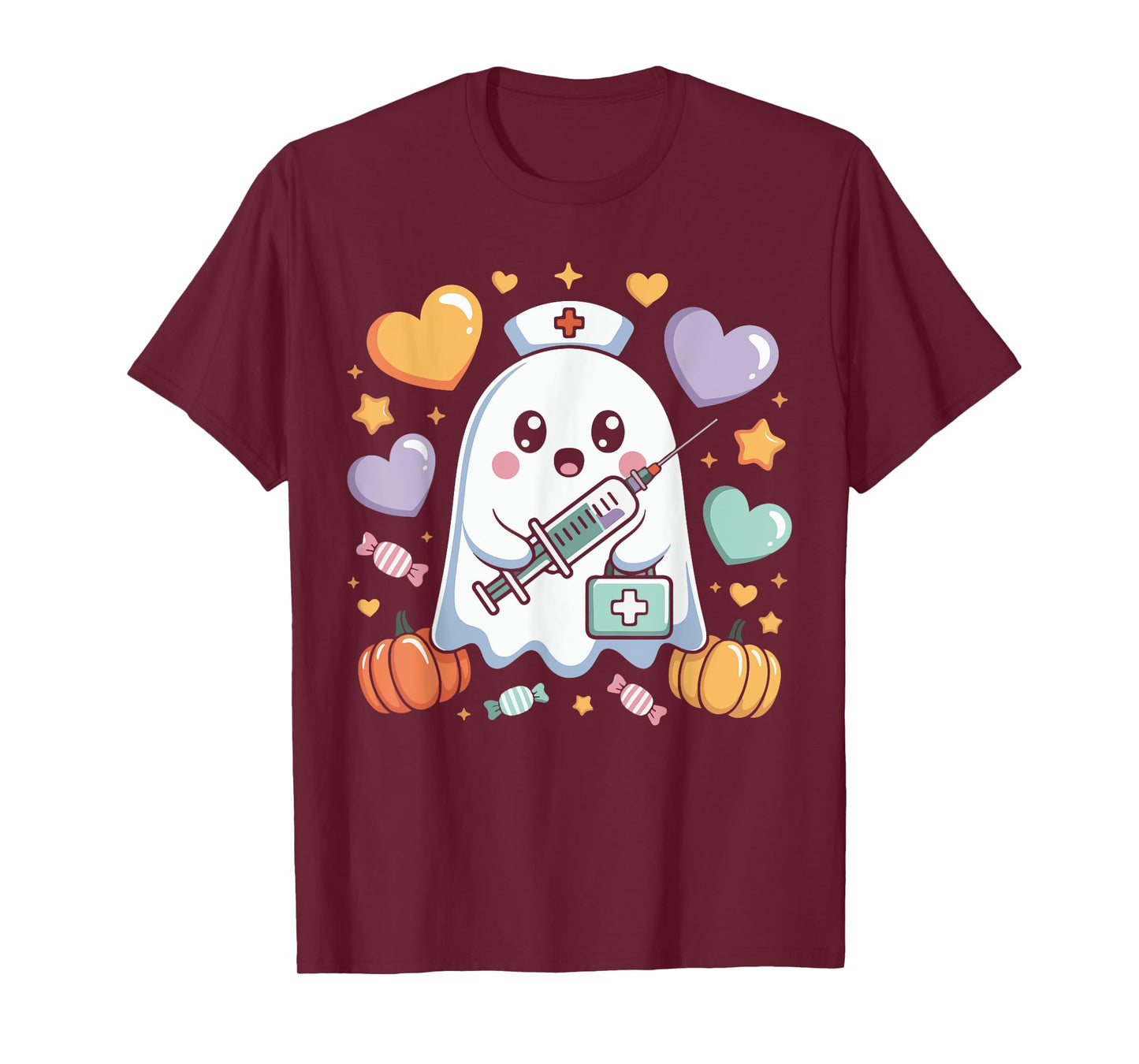 Cute Halloween Ghost Nurse Syringe Pumpkin Hearts Design T-Shirt