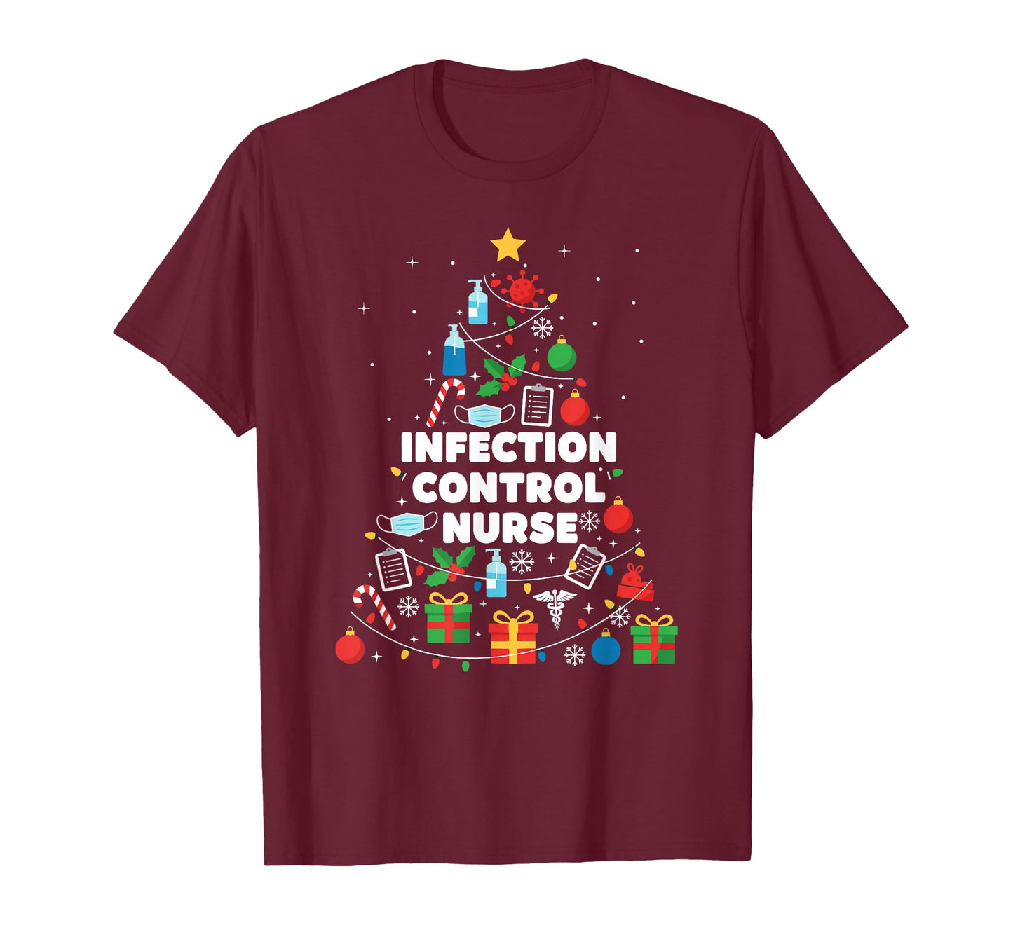 Infection Control Nurse Christmas Tree Lights Womens Mens T-Shirt