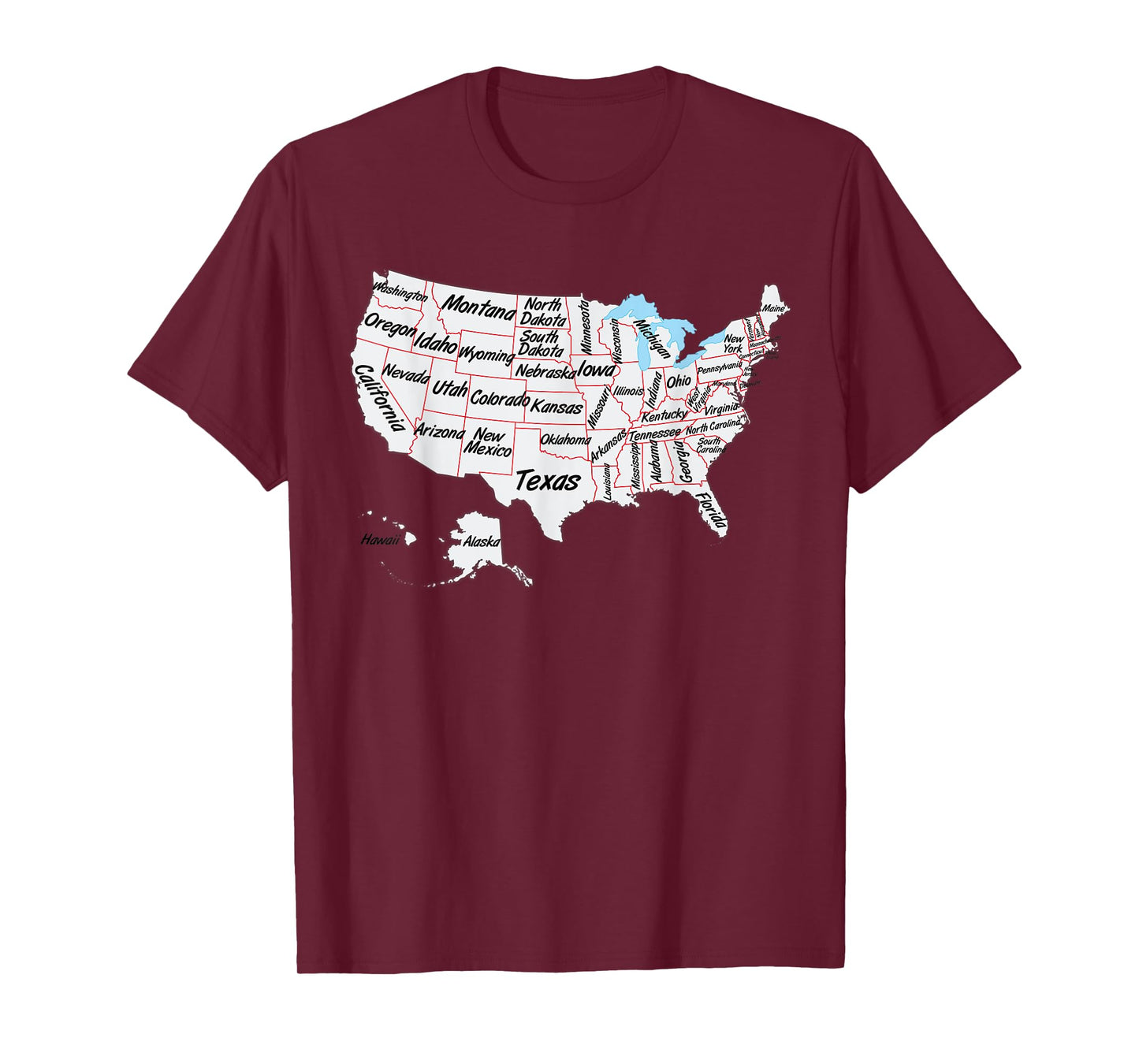 US Map T-shirt with states names and border, USA map T-Shirt