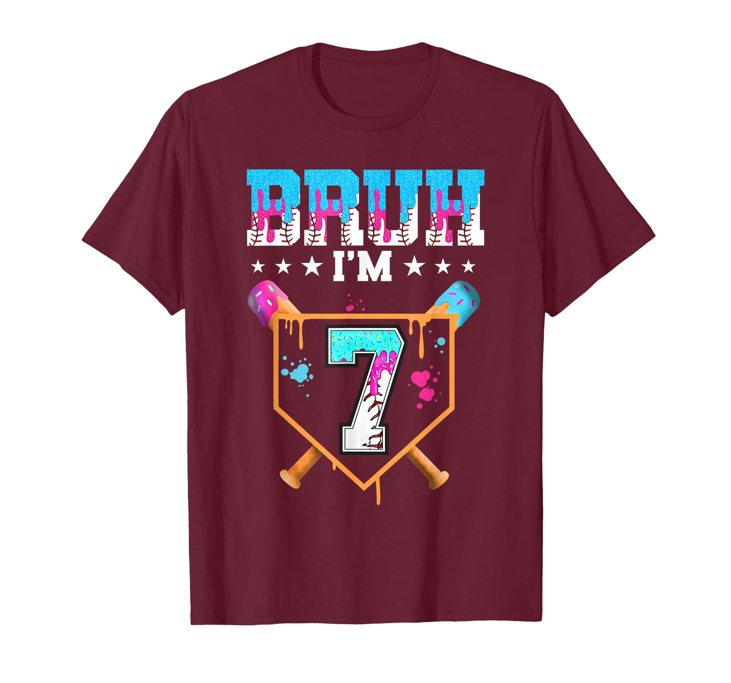 Bruh 7th Birthday Boy Baseball Ice Cream Drip 7 Year Old Boy T-Shirt
