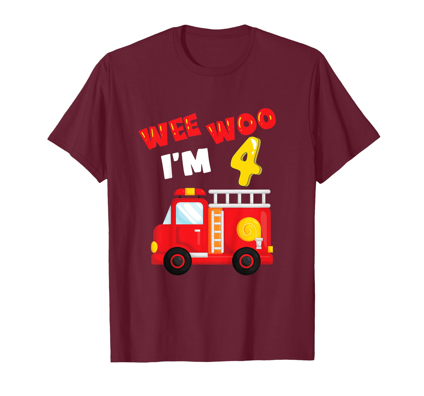 Kids Wee Woo - Fire Truck - 4 Year Old - Firefighter 4th Birthday T-Shirt