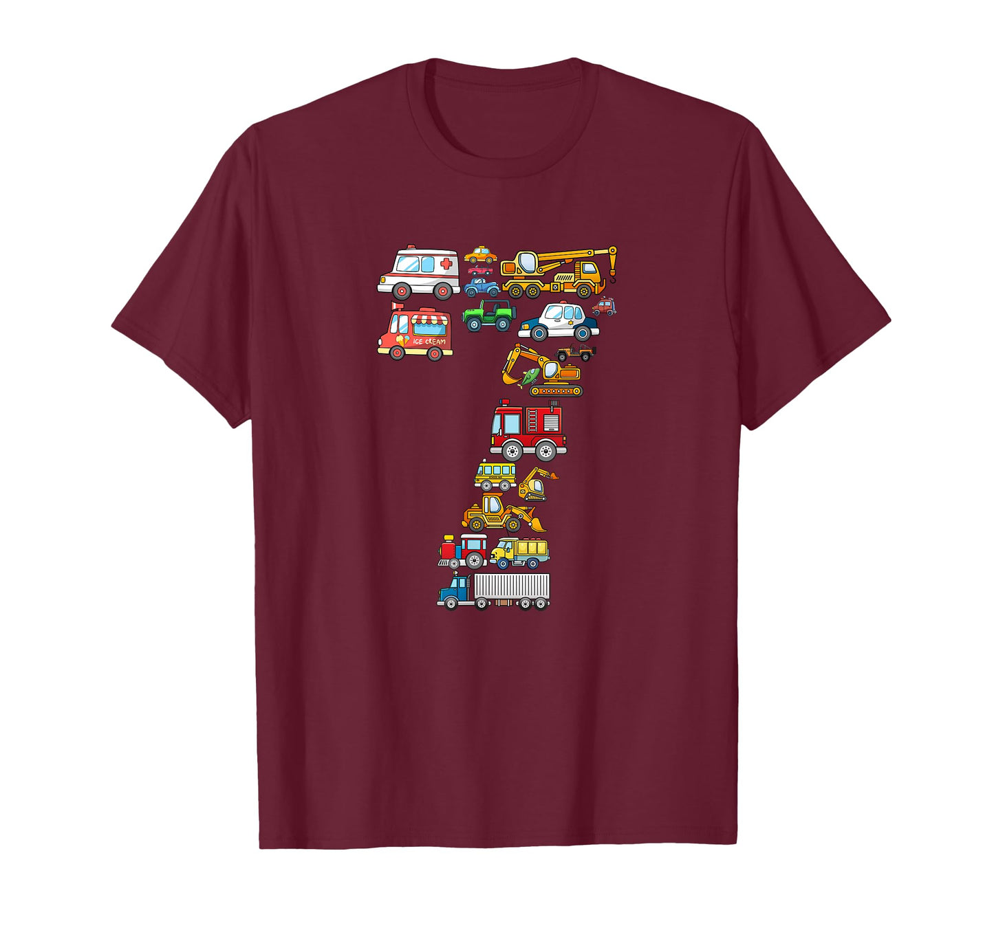 7th Birthday 7 Year Old Transportation Cars Fire Truck T-Shirt