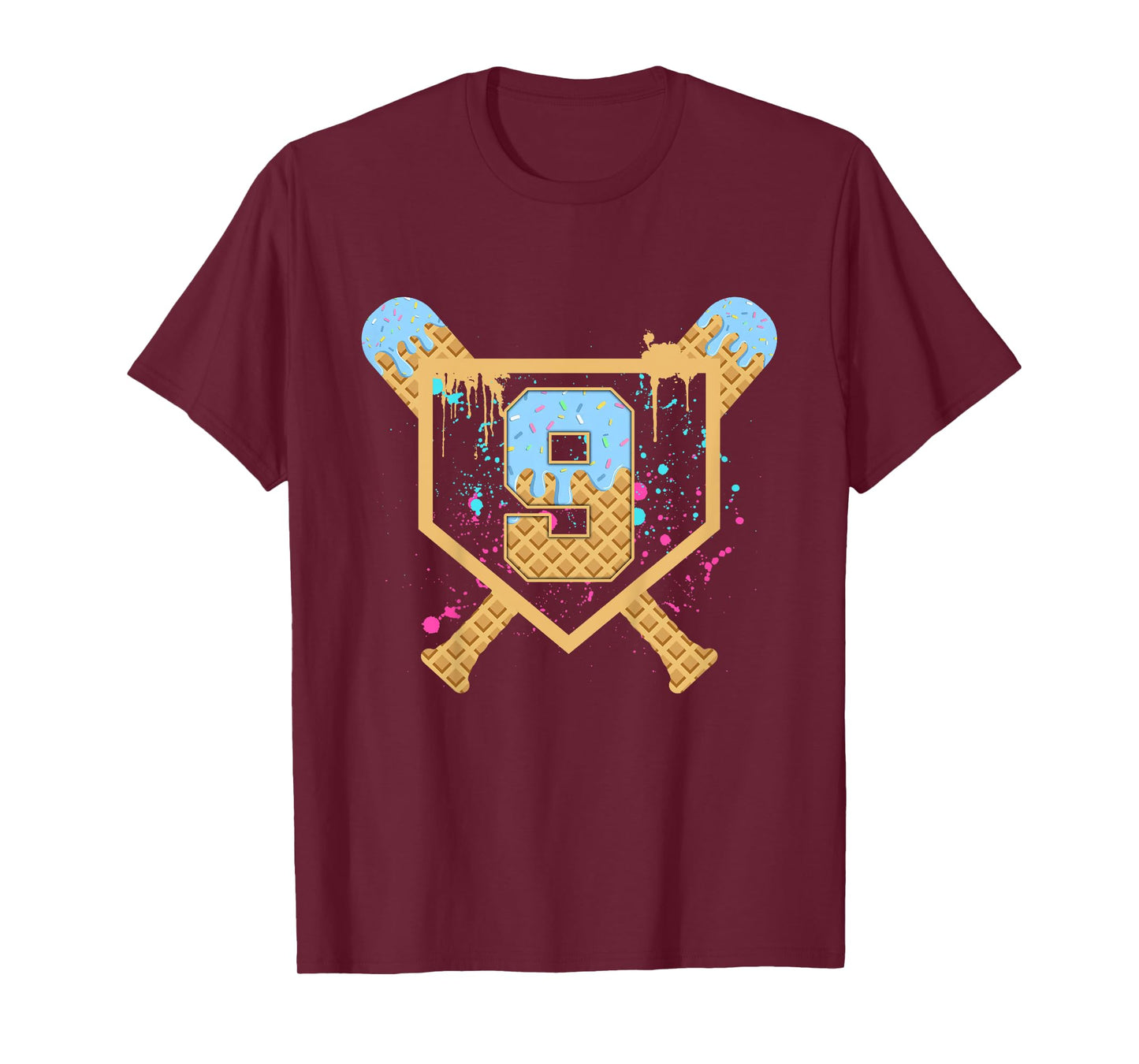 Kids Baseball 9 Year Old Ice Cream Drip 9th Birthday Boy Number 9 T-Shirt
