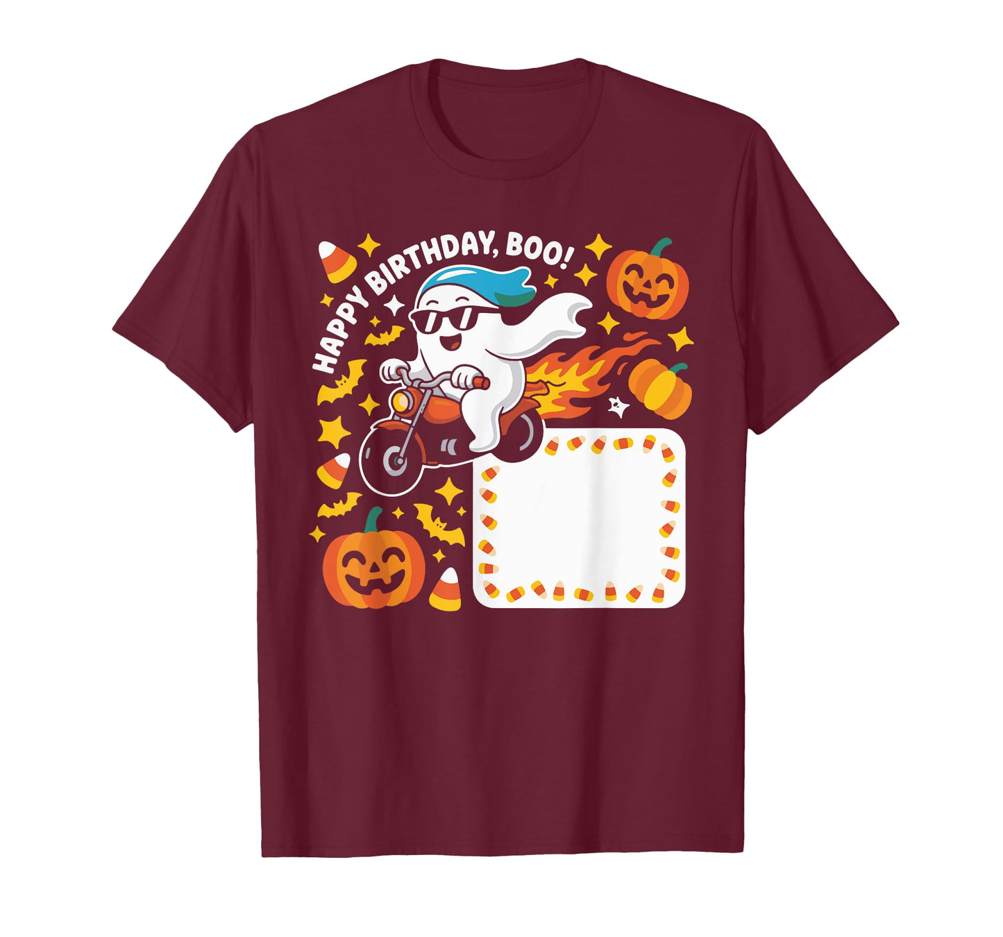 Funny Ghost Biker Halloween Design With Flames And Pumpkins T-Shirt