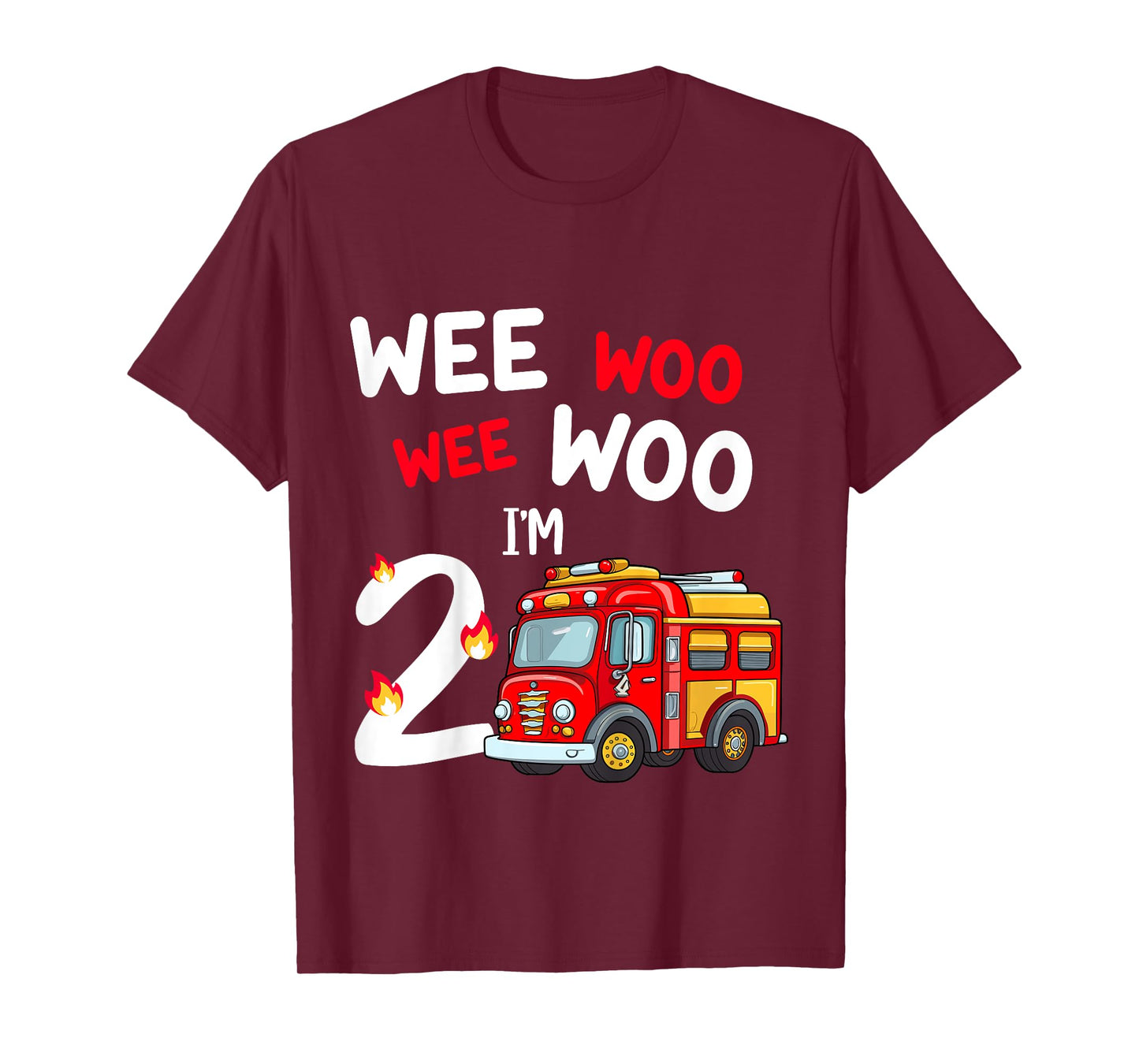 Kids Wee Woo I'm 2 Years Old Red Fire Truck Boys 2nd Birthday T-Shirt