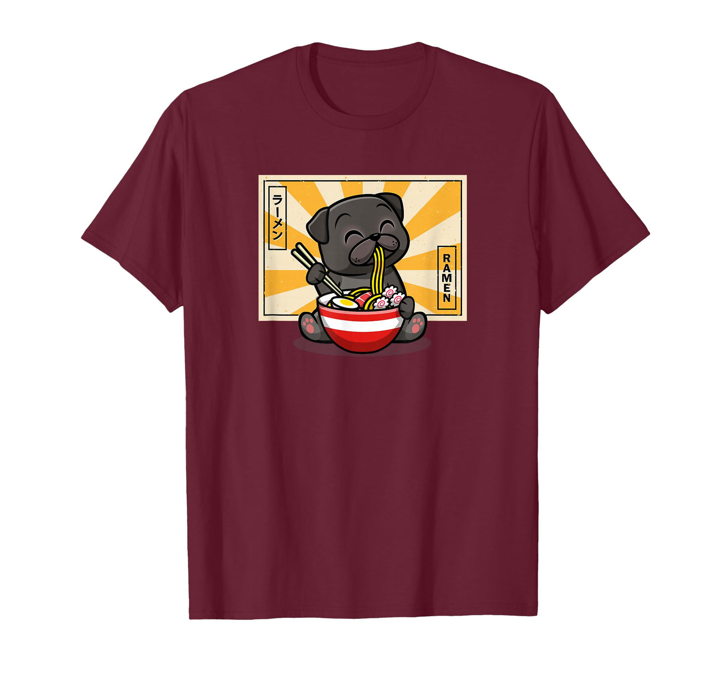 Funny Cartoon Japanese Kawaii Kids Ramen Black Pug Lover T-Shirt