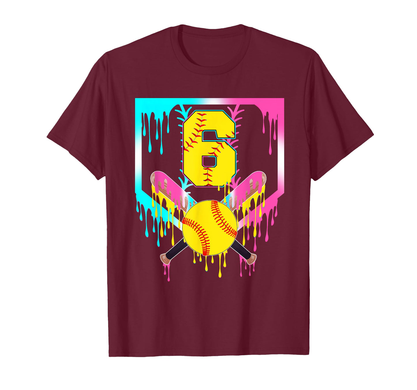 6th Bday Softball Home Plate Drip Ice Cream 6 Year Old T-Shirt