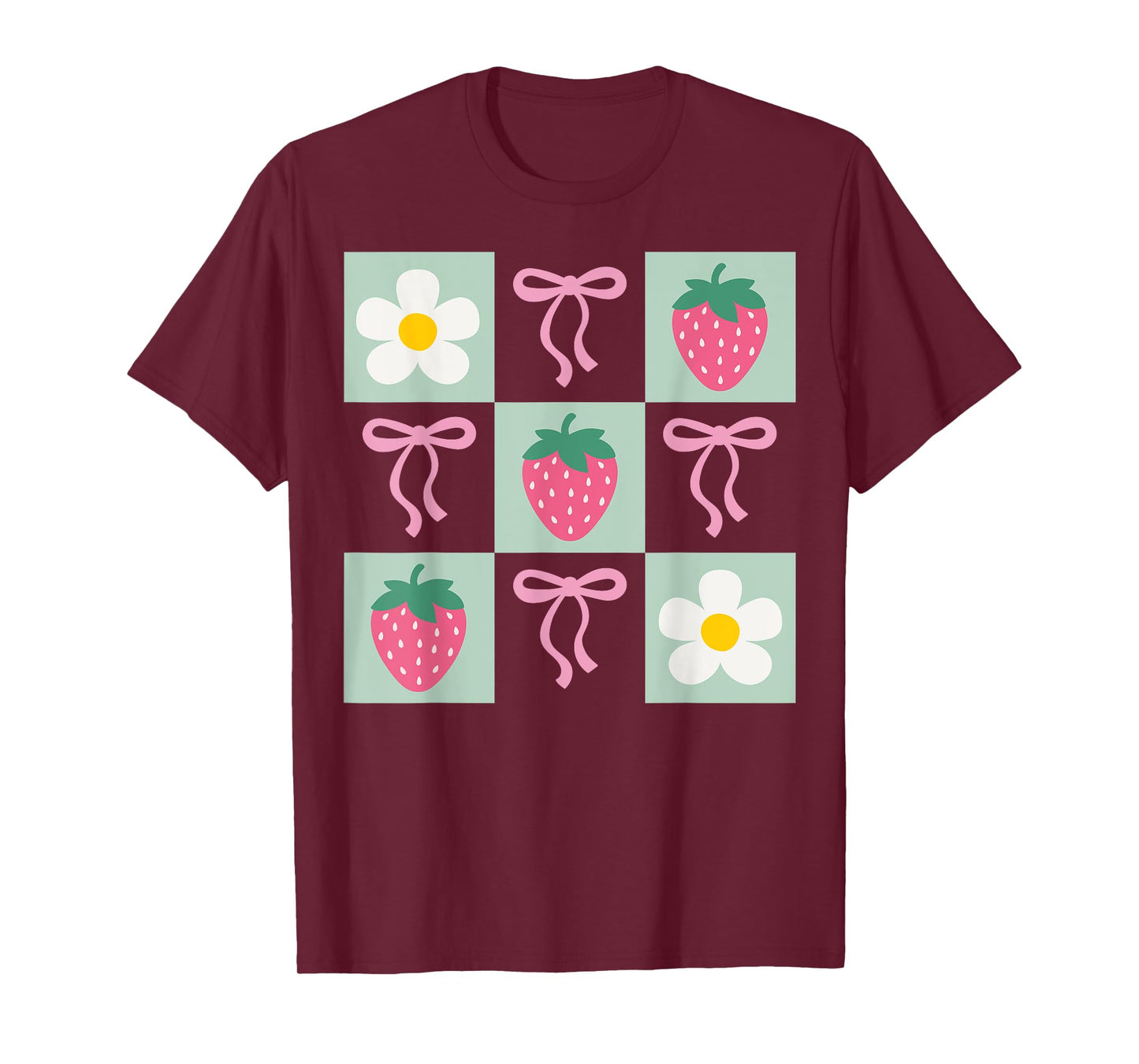 Retro Strawberry Coquette Bow Daisy Checkered Girl Aesthetic T-Shirt