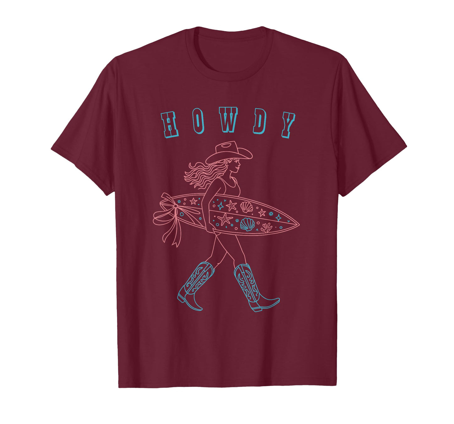 Western Howdy Cowgirl with Surfboard Beach T-Shirt