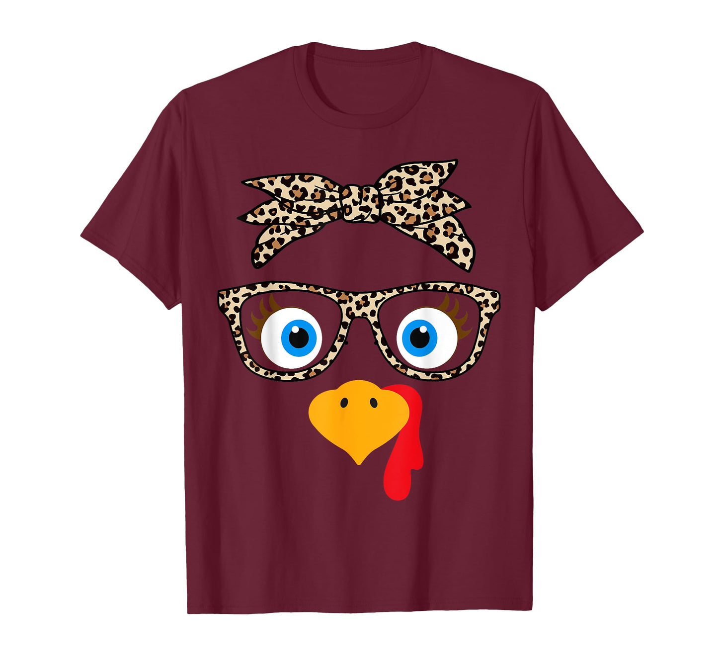 Leopard Print Thanksgiving Turkey Face Glasses Women Girls T-Shirt