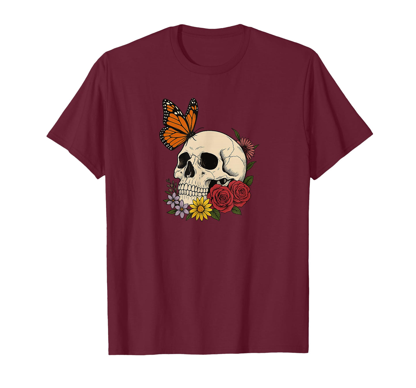 Skulls Monarch Butterfly Flowers Halloween Men Women T-Shirt