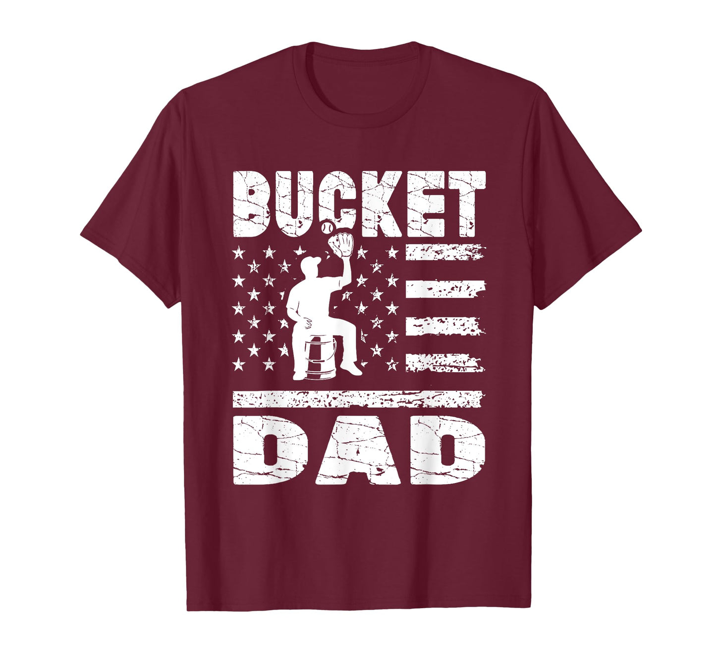Bucket Dad Baseball Coach Vintage American Flag Father's Day T-Shirt