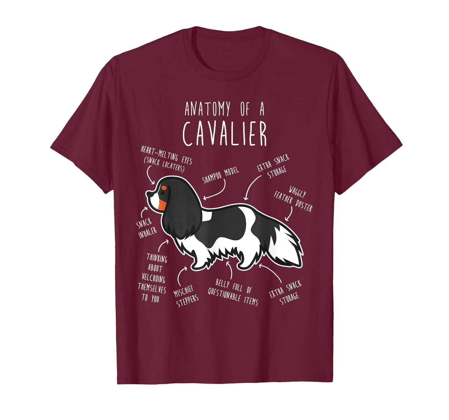 Tri-Color Cavalier King Charles Spaniel Dog Funny Anatomy Men Women Girls Kids T-Shirt