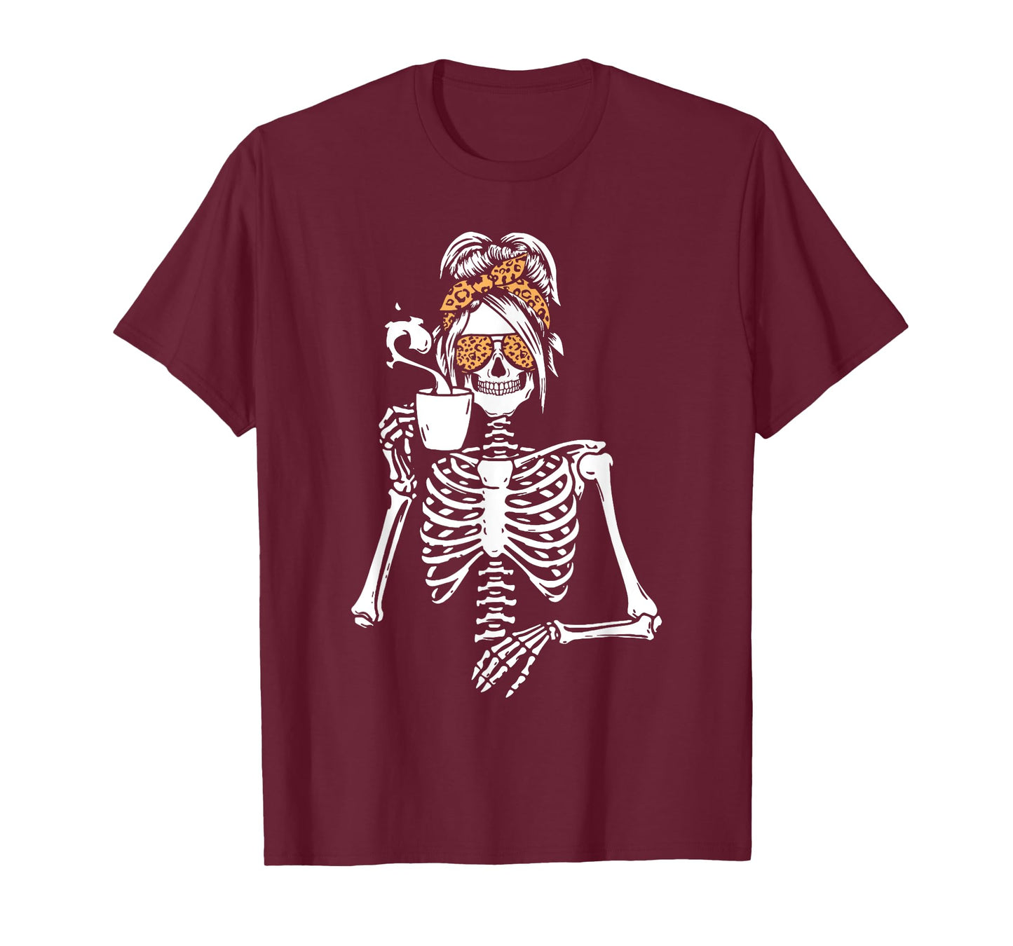 Skeleton Messy Bun Coffee Drinking Halloween Costume Women T-Shirt