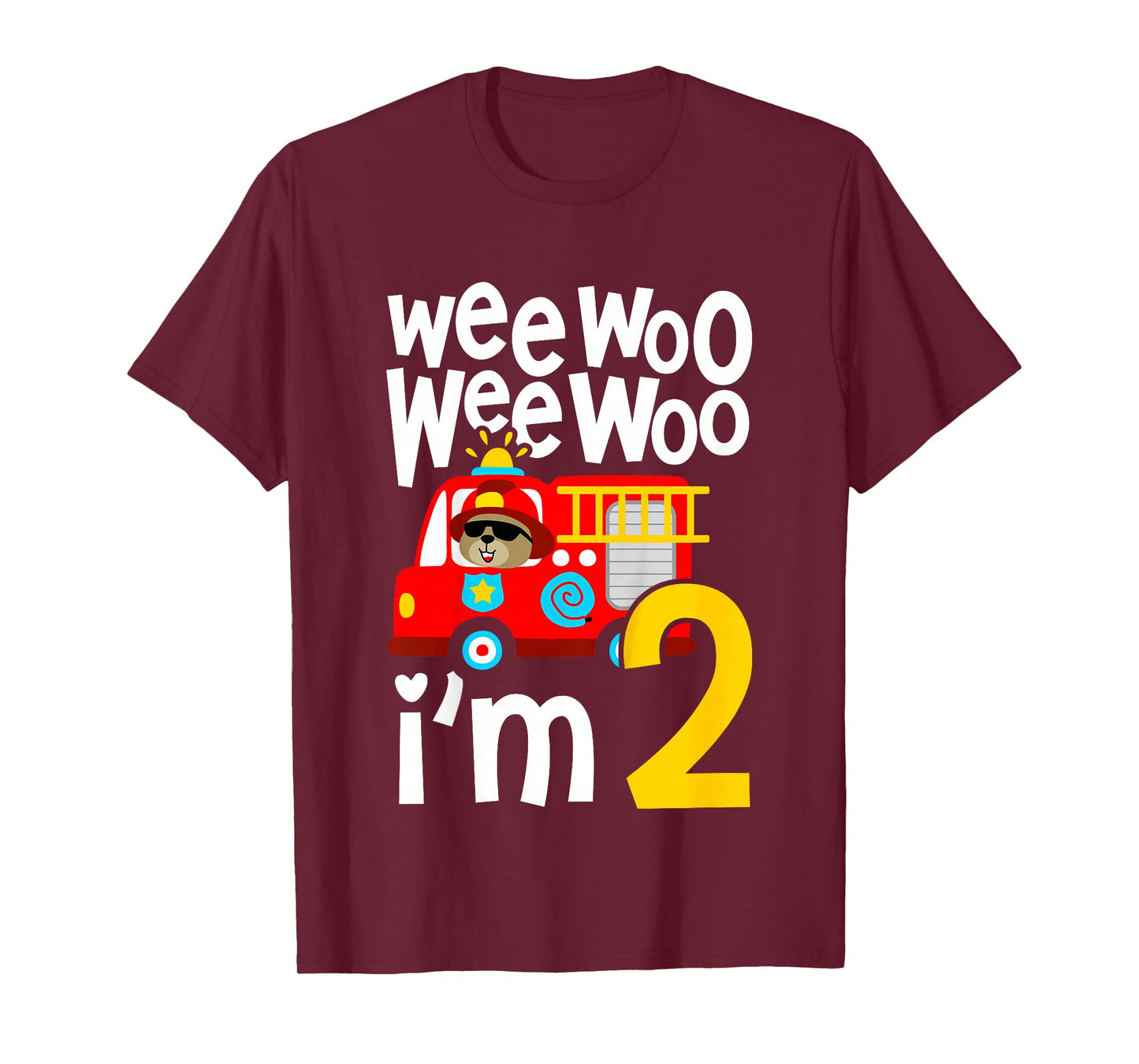 Kids Boys Birthday Wee Woo Wee Woo I'm 2 Red Fire Truck T-Shirt