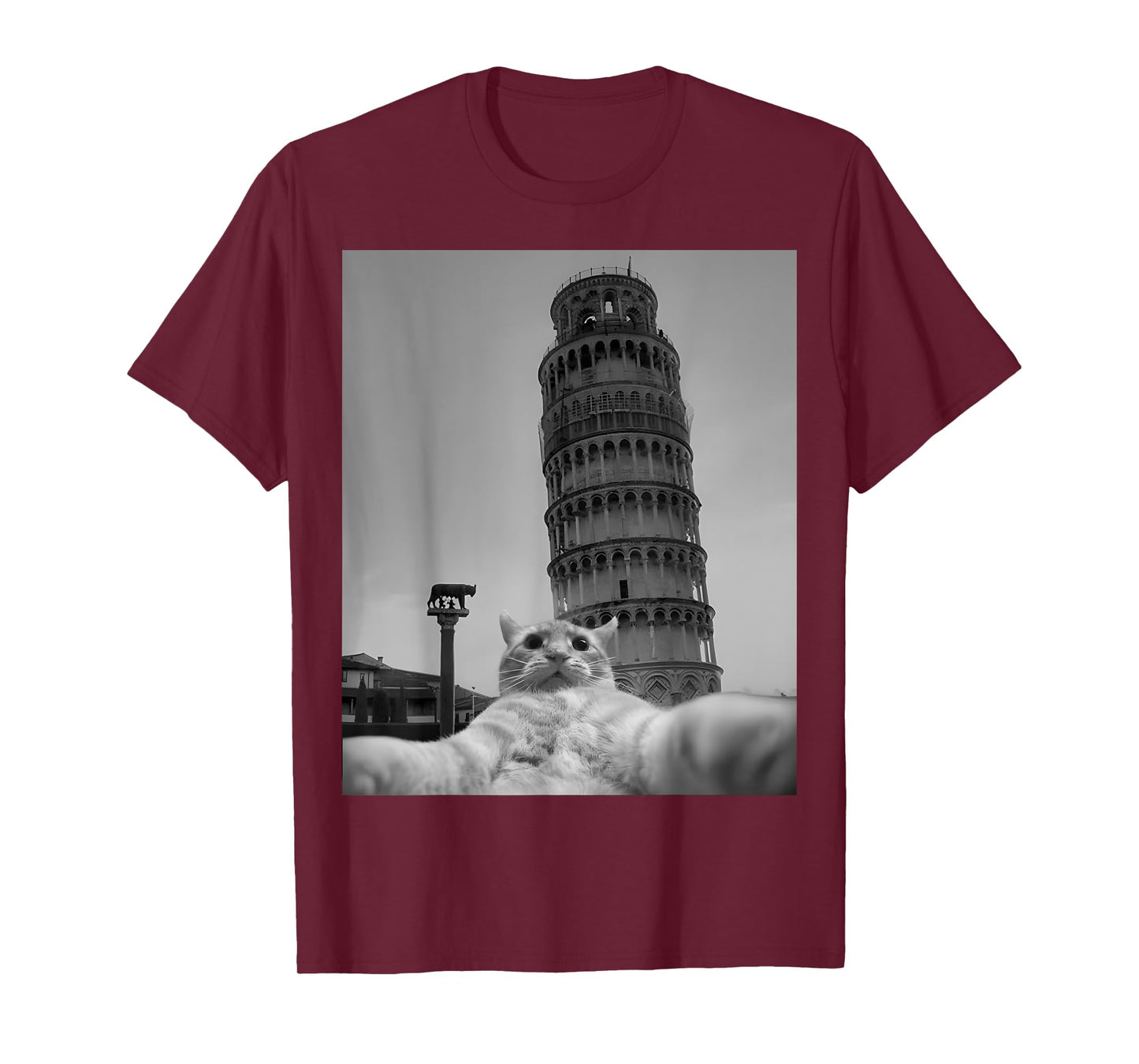 Cat Selfie Pisa Tower Italy Funny Animal Casual Outfit T-Shirt for Men Women Kids