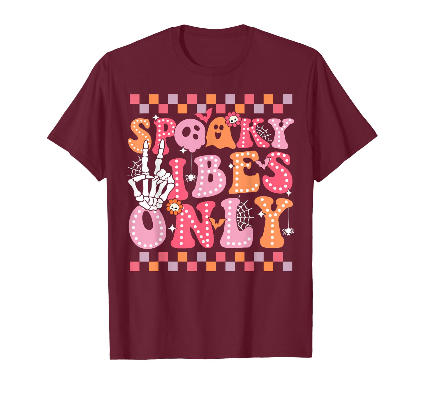 Spooky Vibes Only Halloween Skeleton Peace Checkered Groovy T-Shirt