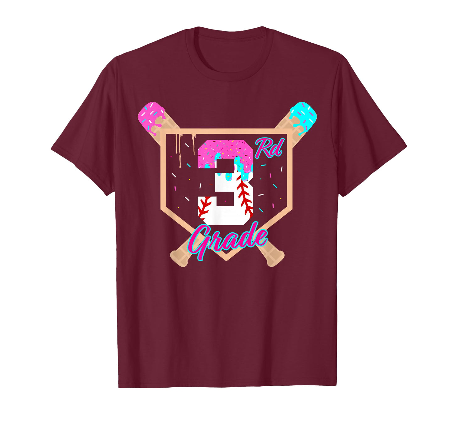 3rd Grade Back to School Baseball Ice Cream Drip Home Plate T-Shirt