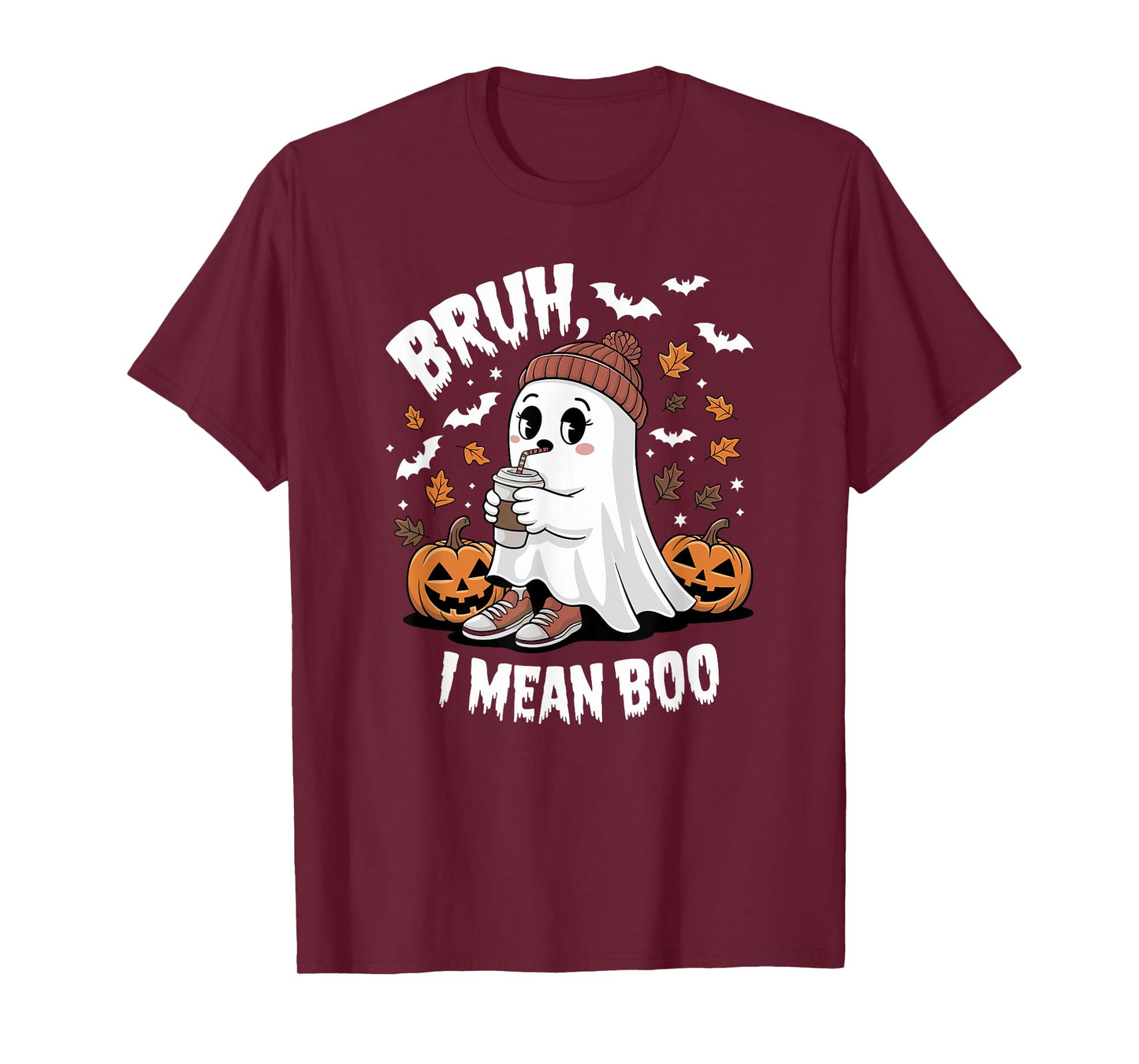 Bruh Ghost I Mean Boo Halloween Ghost Drinking Latte Coffee T-Shirt