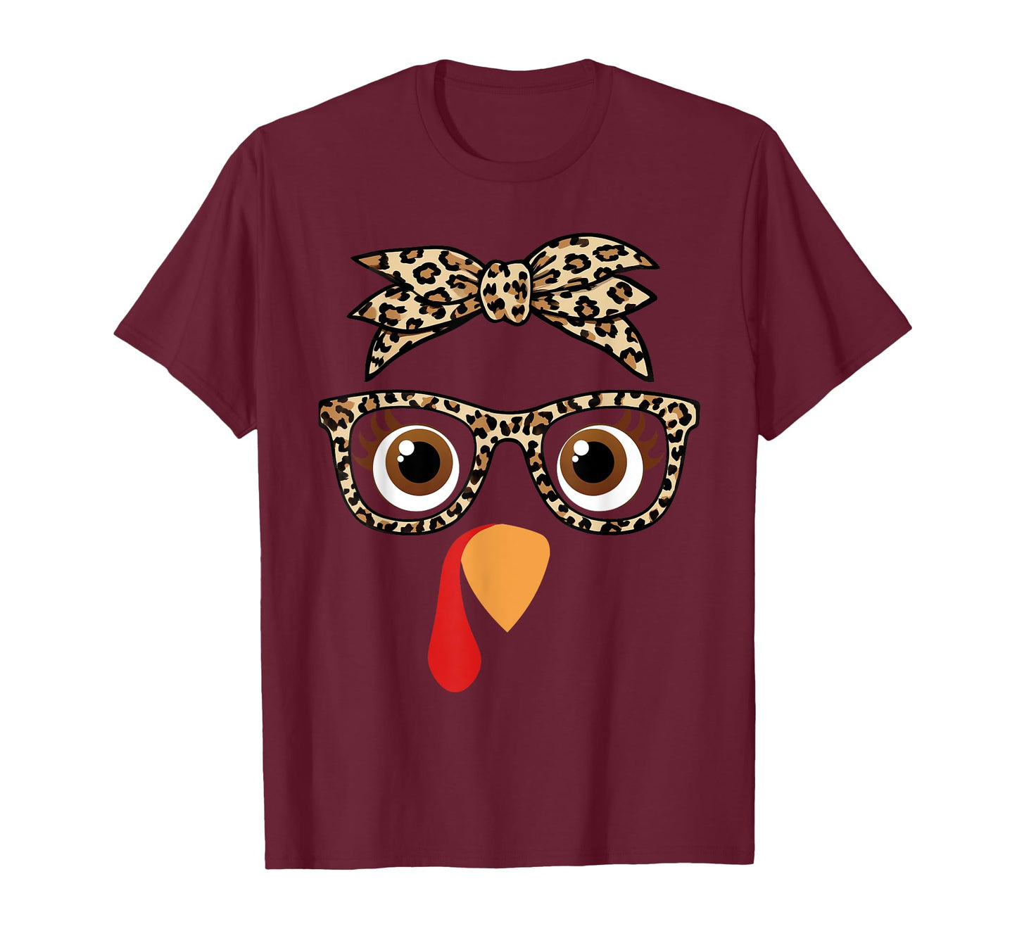 Thanksgiving Turkey Face Girl Leopard Bow And Glasses Women T-Shirt