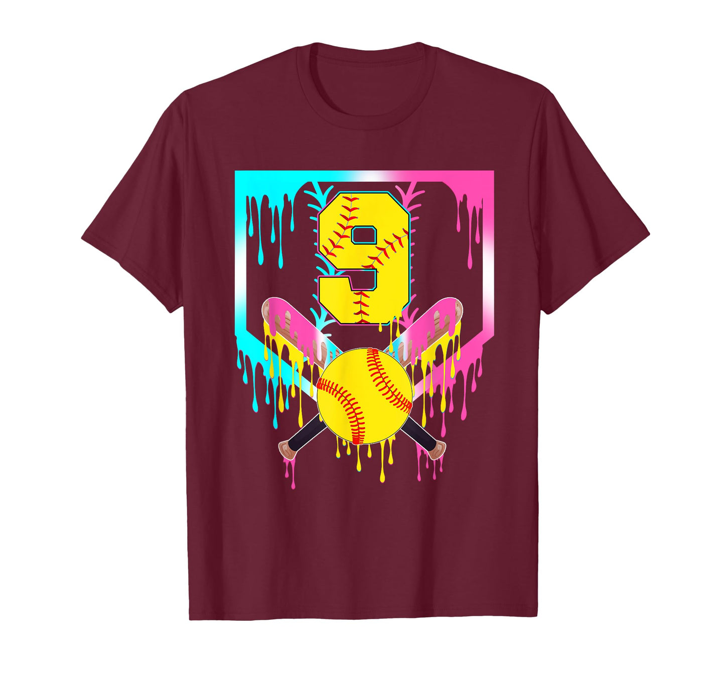 9th Bday Softball Home Plate Drip Ice Cream 9 Year Old T-Shirt
