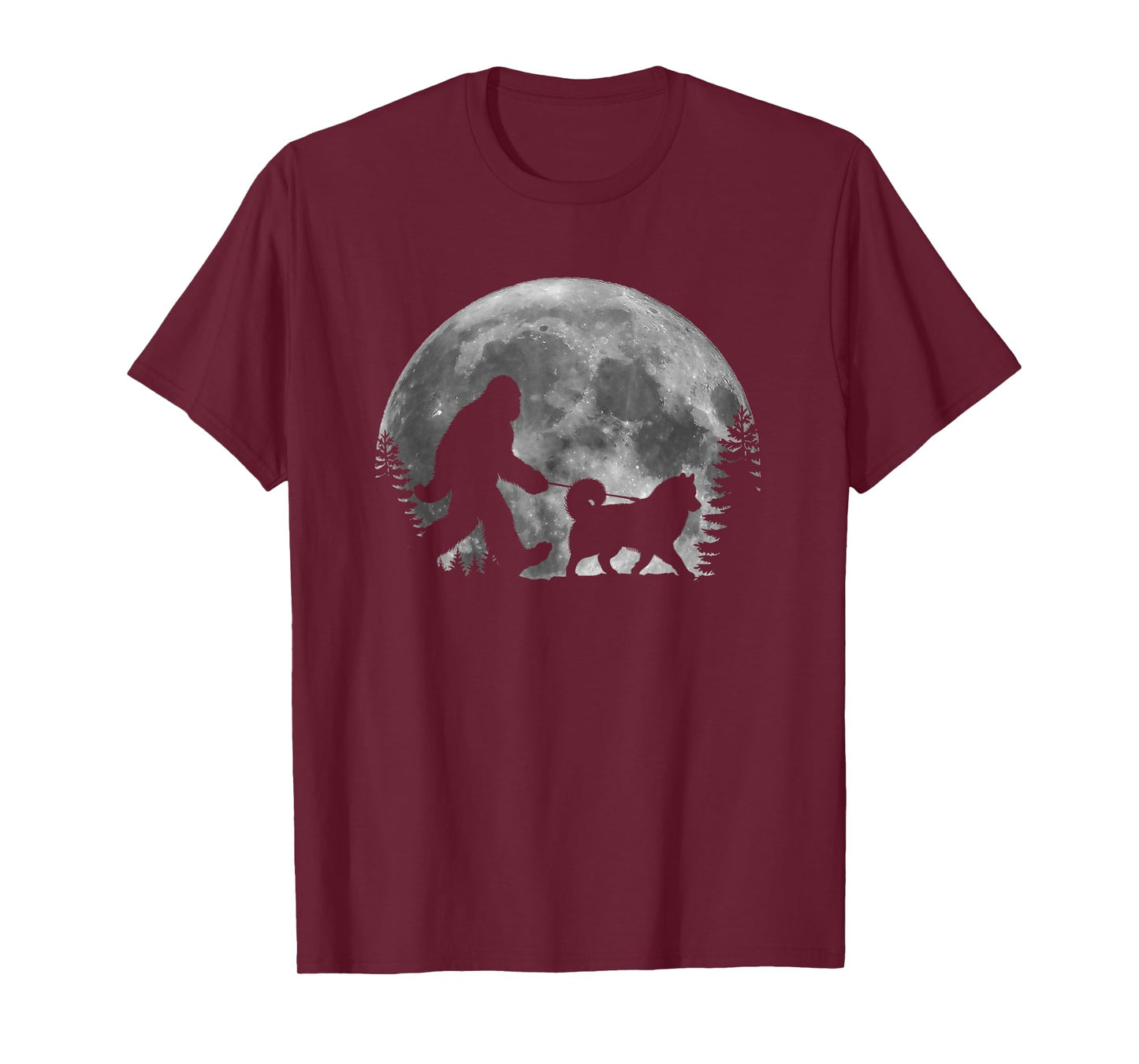 Bigfoot Walking a Dog Funny Siberian Husky Moon Halloween T-Shirt for Men Women Kids