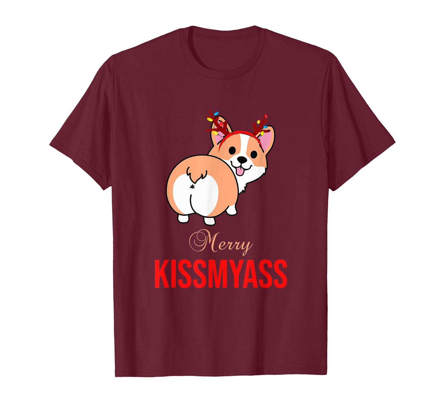 Merry Kissmyass Funny Christmas Reindeer Corgi Dog Lover T-Shirt