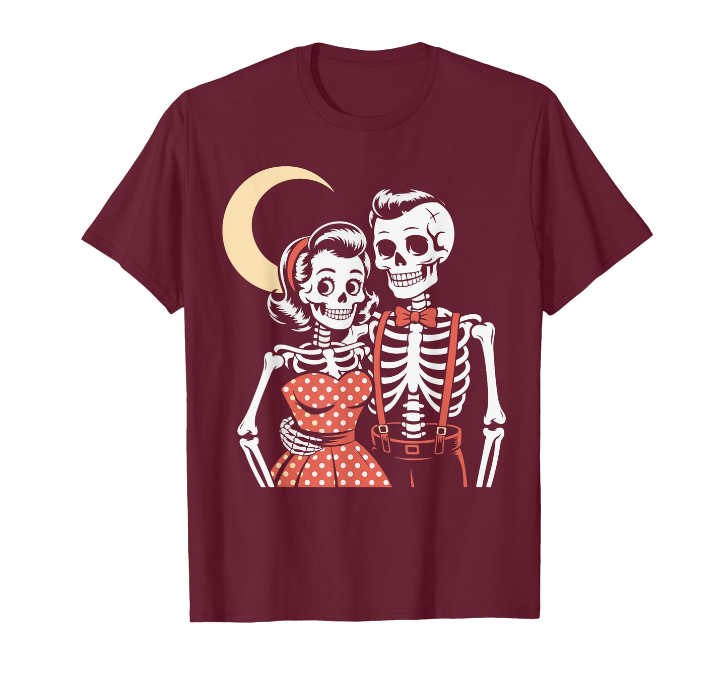 Vintage Halloween Skeleton Couple in Love 1950s Style Moon T-Shirt