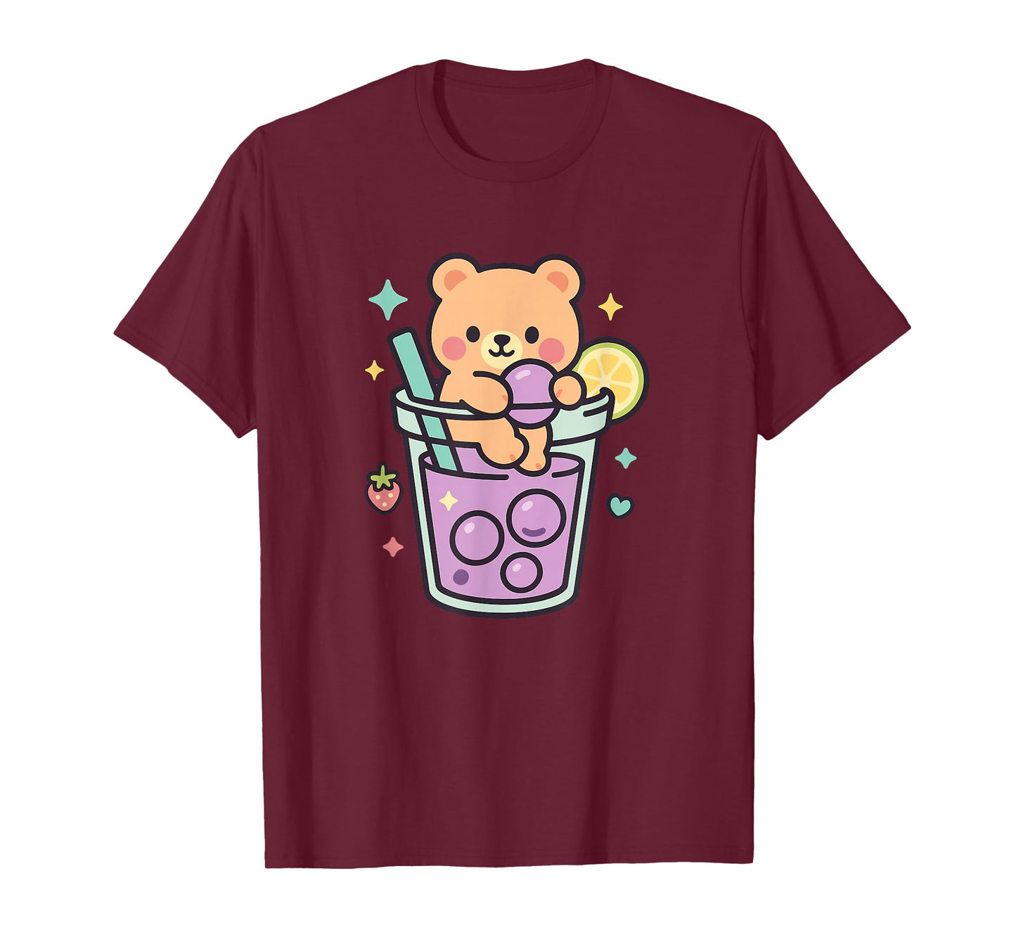 Kawaii Teddy Bear with Bubble Tea and Boba Pearls Cute Straw T-Shirt