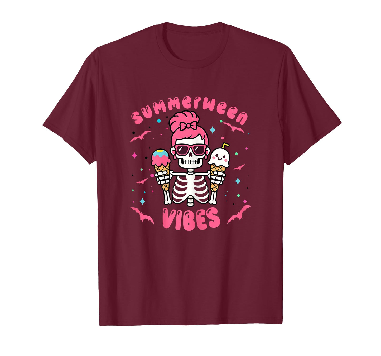 Summerween Vibes Skeletonb Halloween Summer Pink Hair T-Shirt