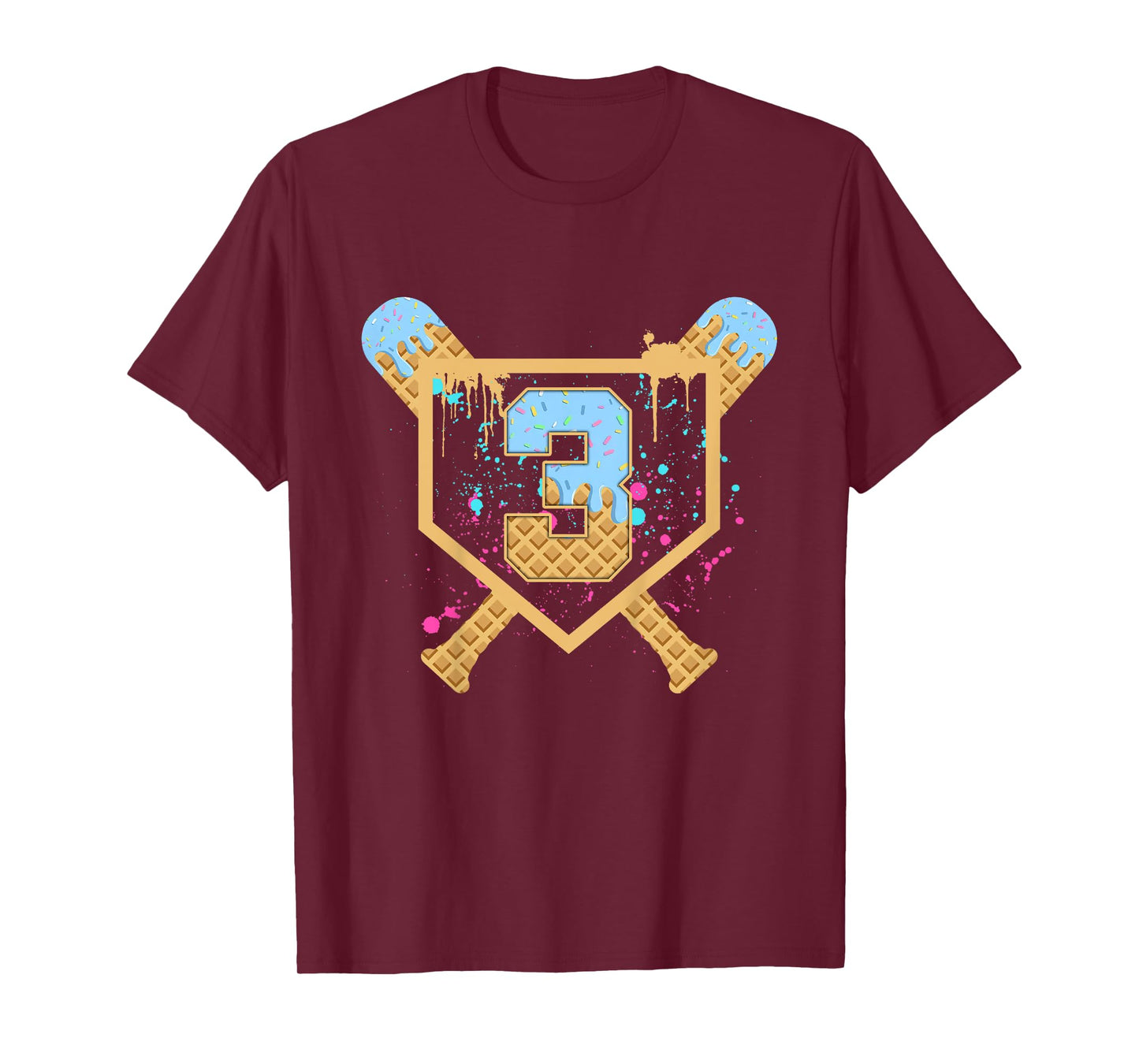 Kids Baseball 3 Year Old Ice Cream Drip 3rd Birthday Boy Number 3 T-Shirt
